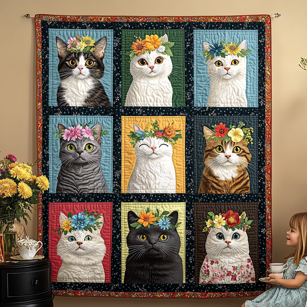 Whiskers and Wreaths Quilted Blanket Novelty Gifts For Cat Lovers