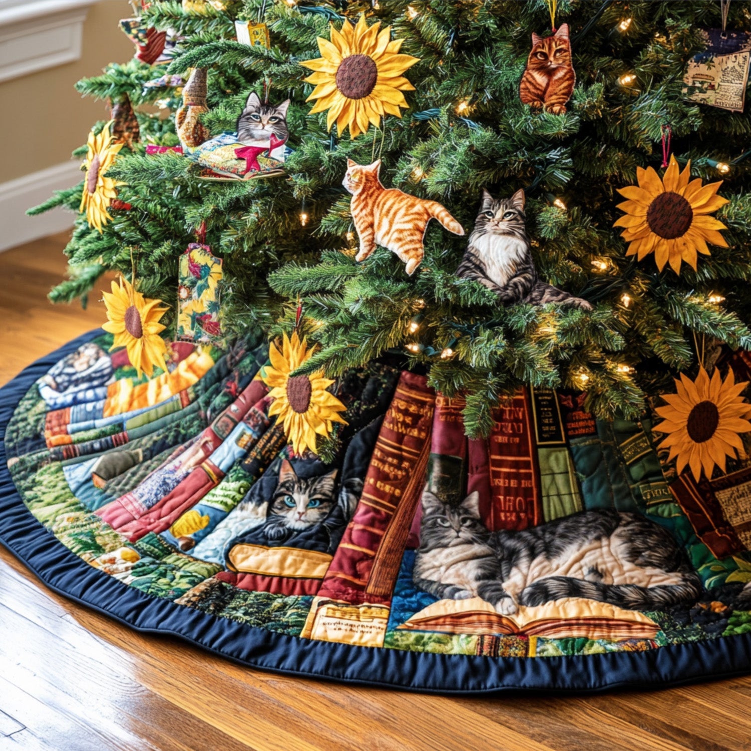 Whiskers in Bloom Quilted Christmas Tree Skirt Xmas Tree Base Cover Unique Christmas Gifts For Family