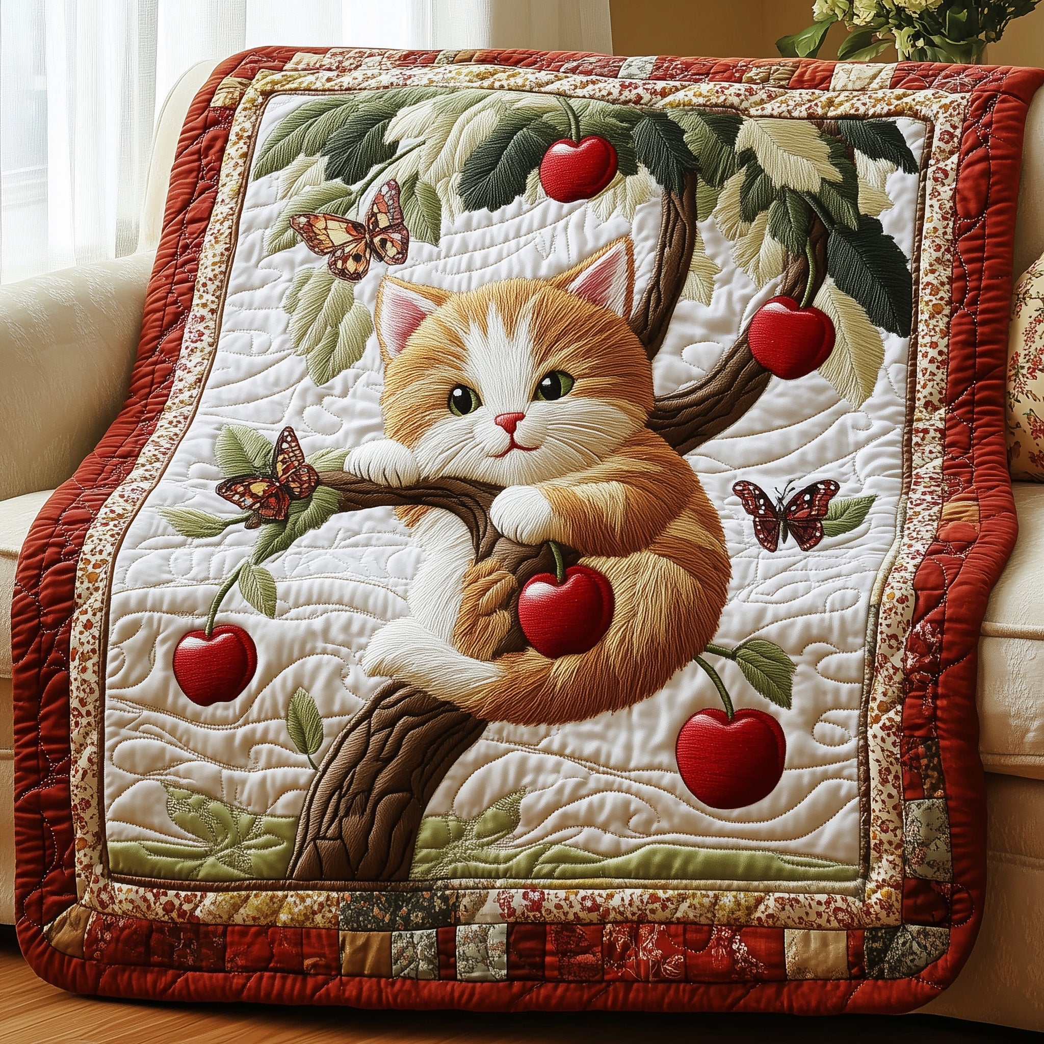 Whiskers in the Orchard Quilted Blanket Cute Bed BlanketBirthday Gifts For Cat Lovers