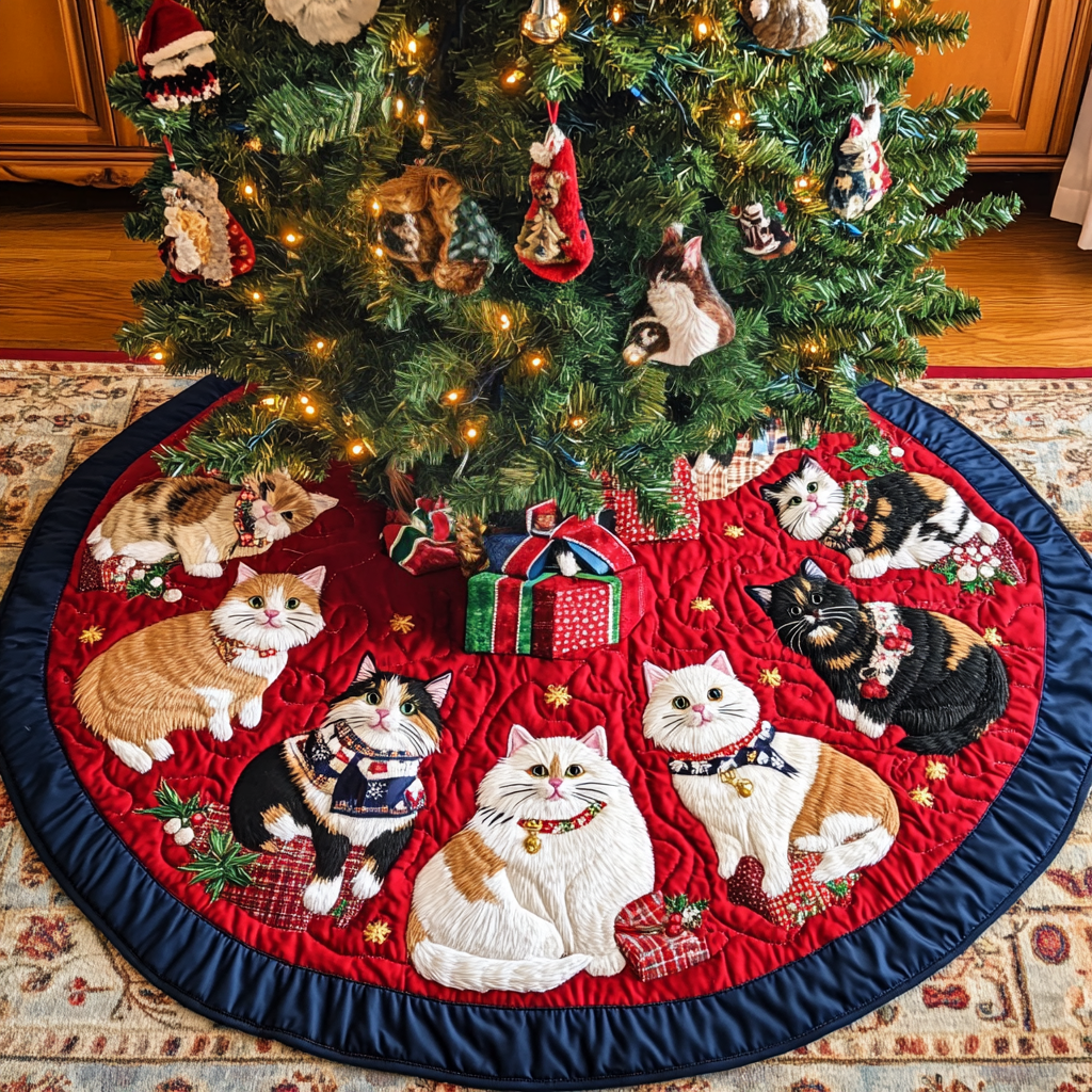 Whiskers In Wonderland Christmas Quilted Tree Skirt Exclusive Holiday Tree Skirt Gift for Families
