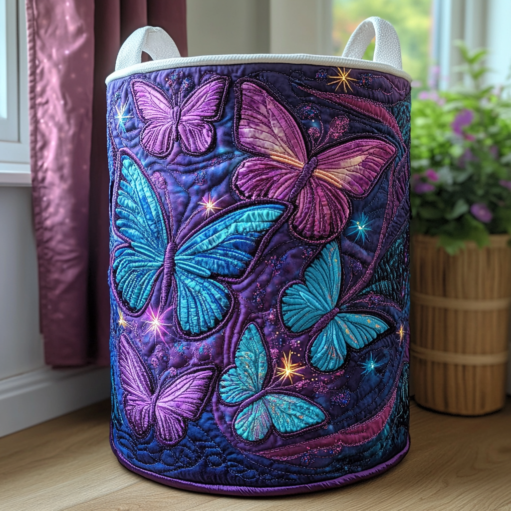 Whispering Butterfly Quilted Laundry Basket High-Quality Quilted Laundry Hamper for Family Use