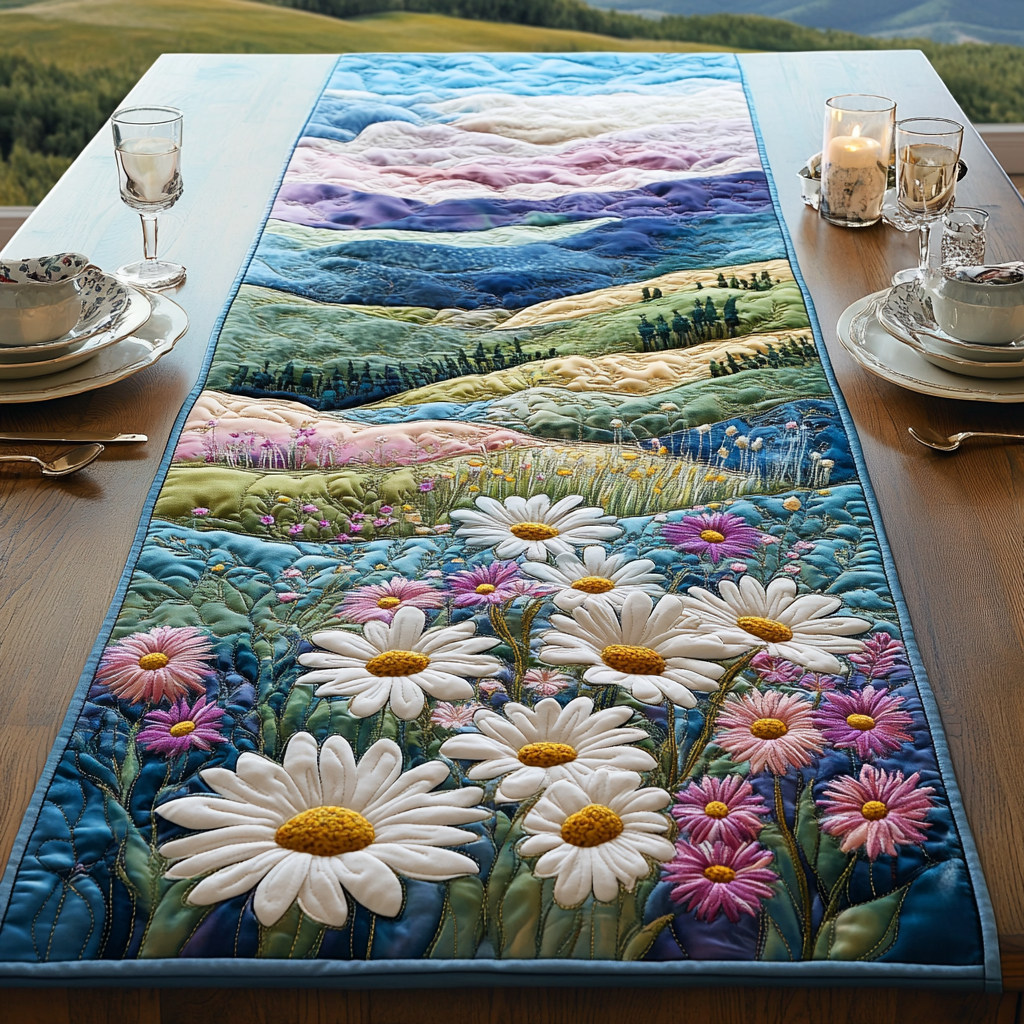Whispering Daisies Quilted Table Runner Floral Table Runner Flower Daisy Themed Gifts