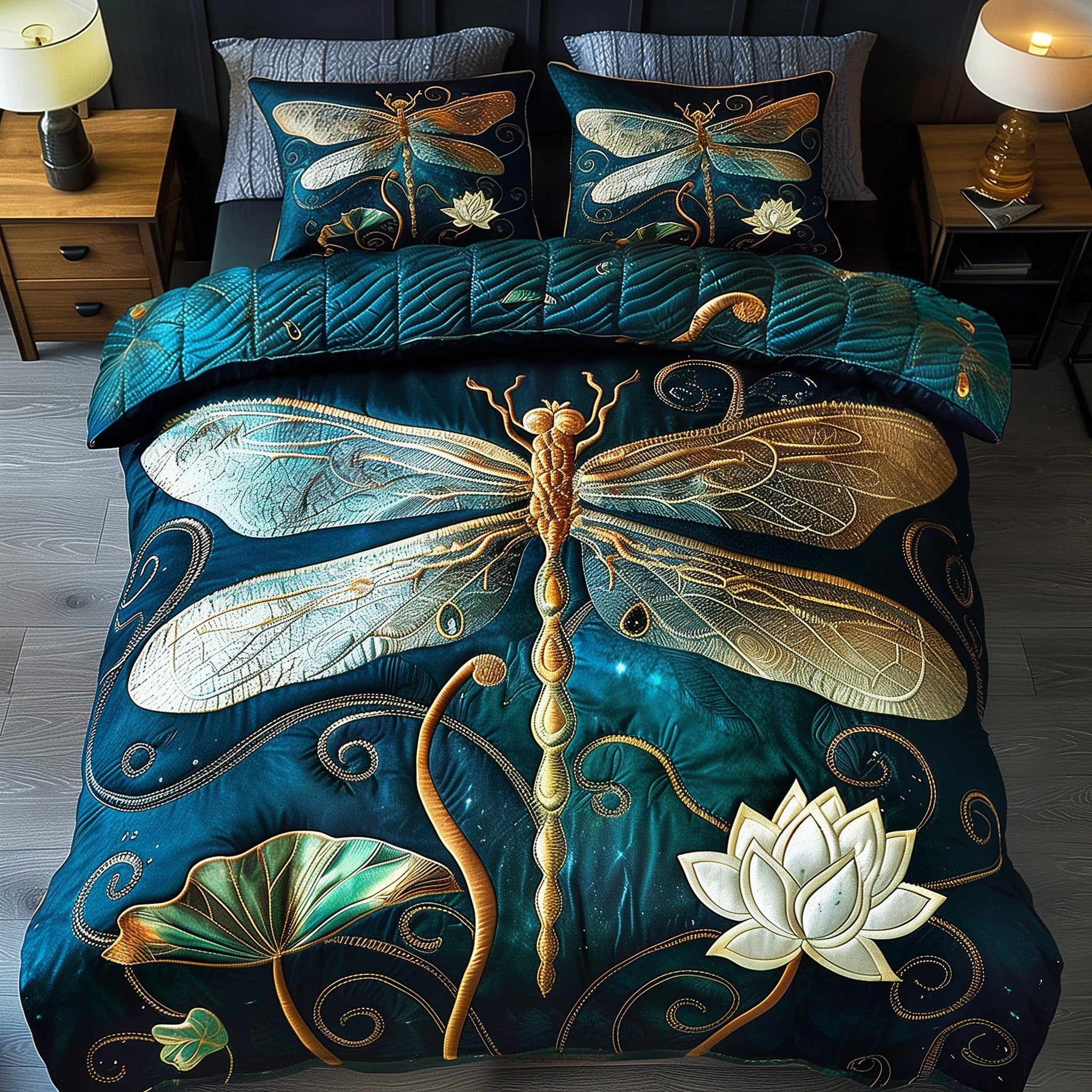 Whispering Dragonfly Duvet Quilted Bedding Set Golden Dragonfly Bedding Gifts