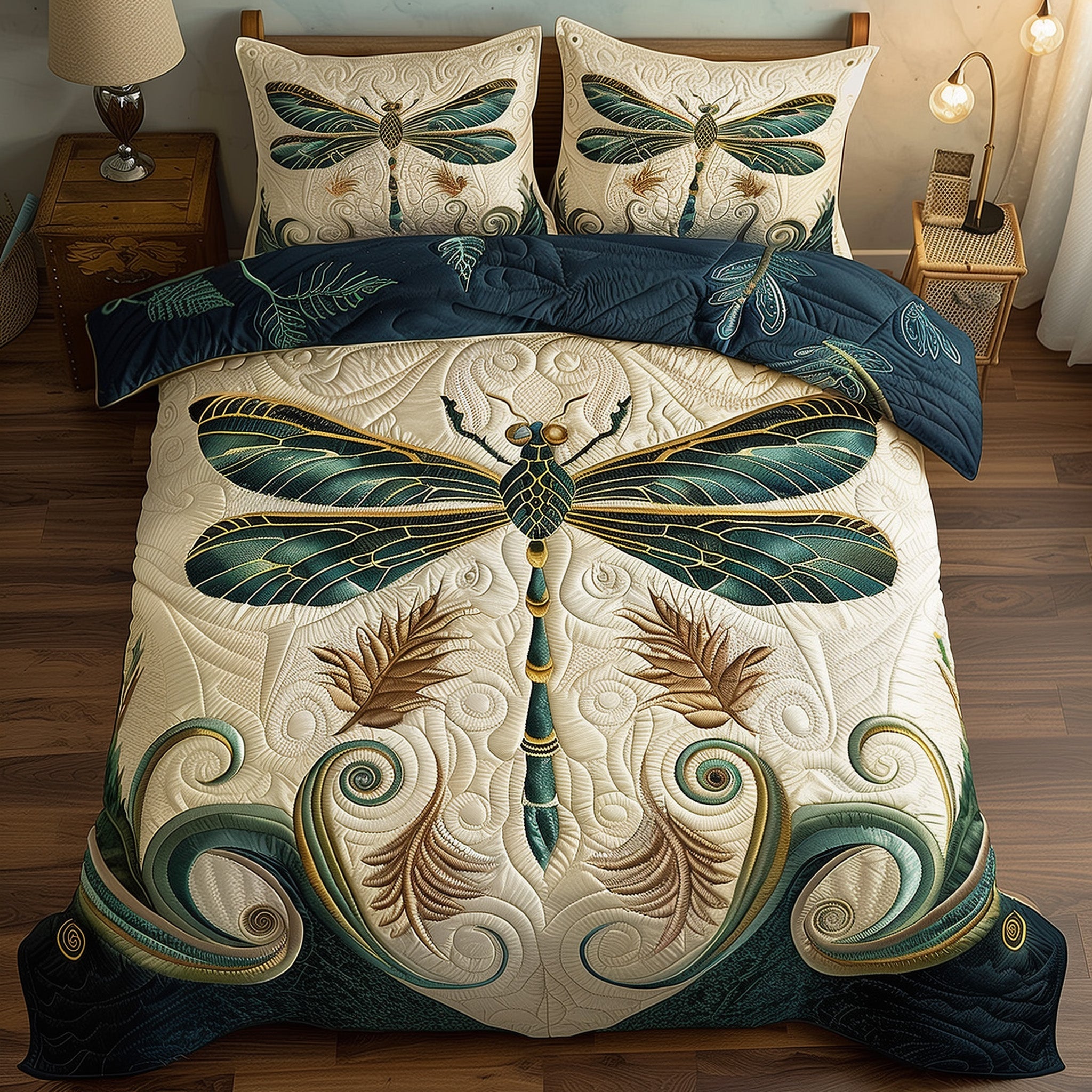 Whispering Dragonfly Duvet Quilted Bedding Set Green Dragonfly Art Best Bedding Gift Ideas
