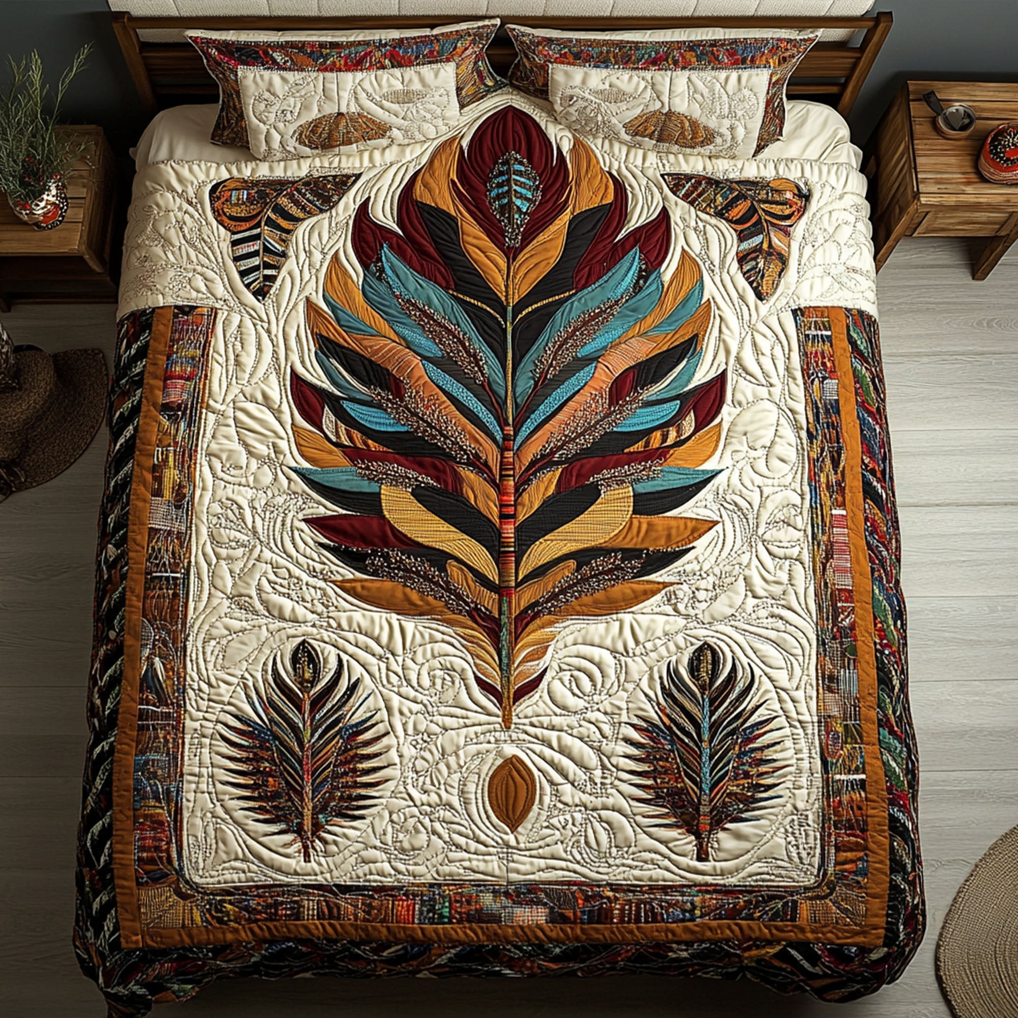 Whispering Feather Quilted Bedding Set Holiday Duvet Cover Set Native American Presents For Her