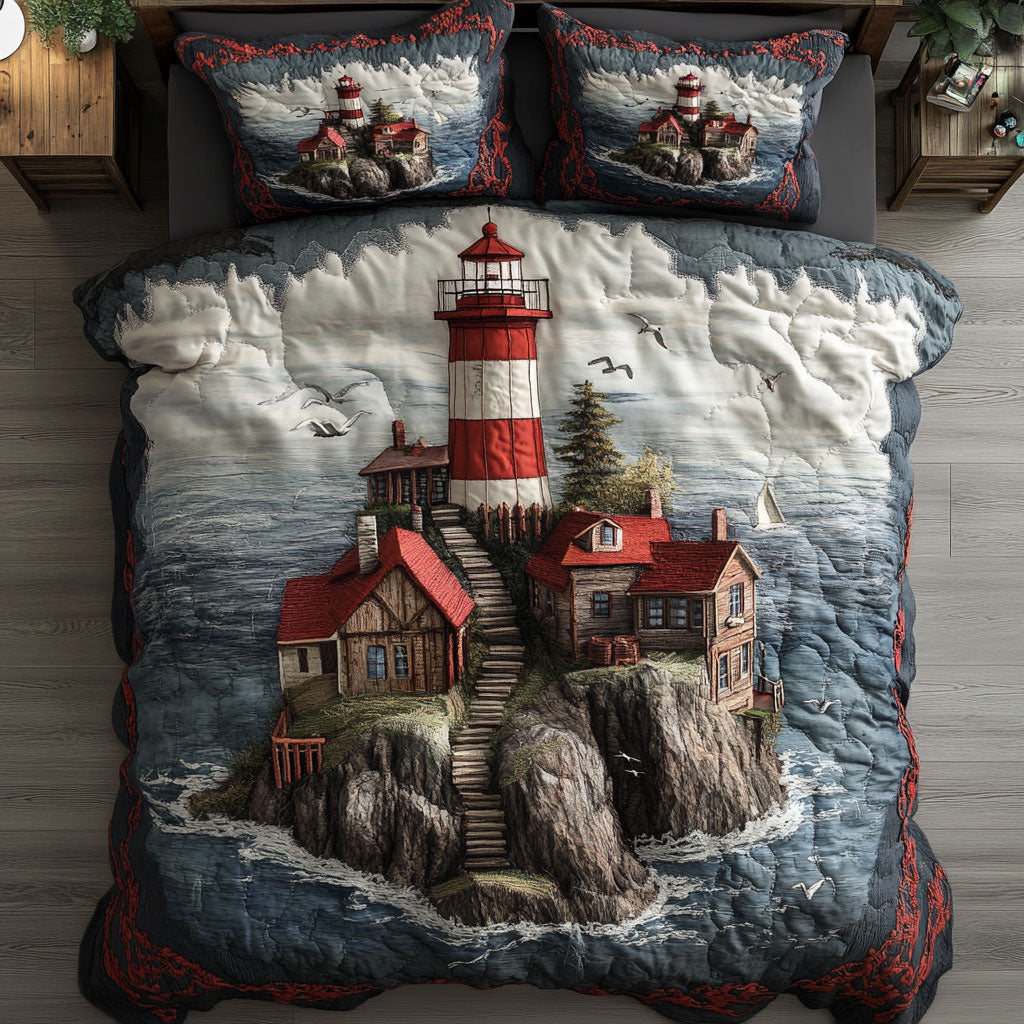 Whispering Lighthouse Quilt Bedding Set King Comforter Coastal Gift for Adults