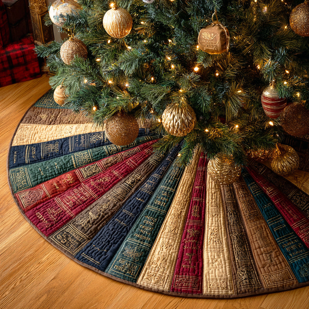 Whispering Pages Christmas Quilted Tree Skirt Xmas Tree Decor Gift For Book Lover