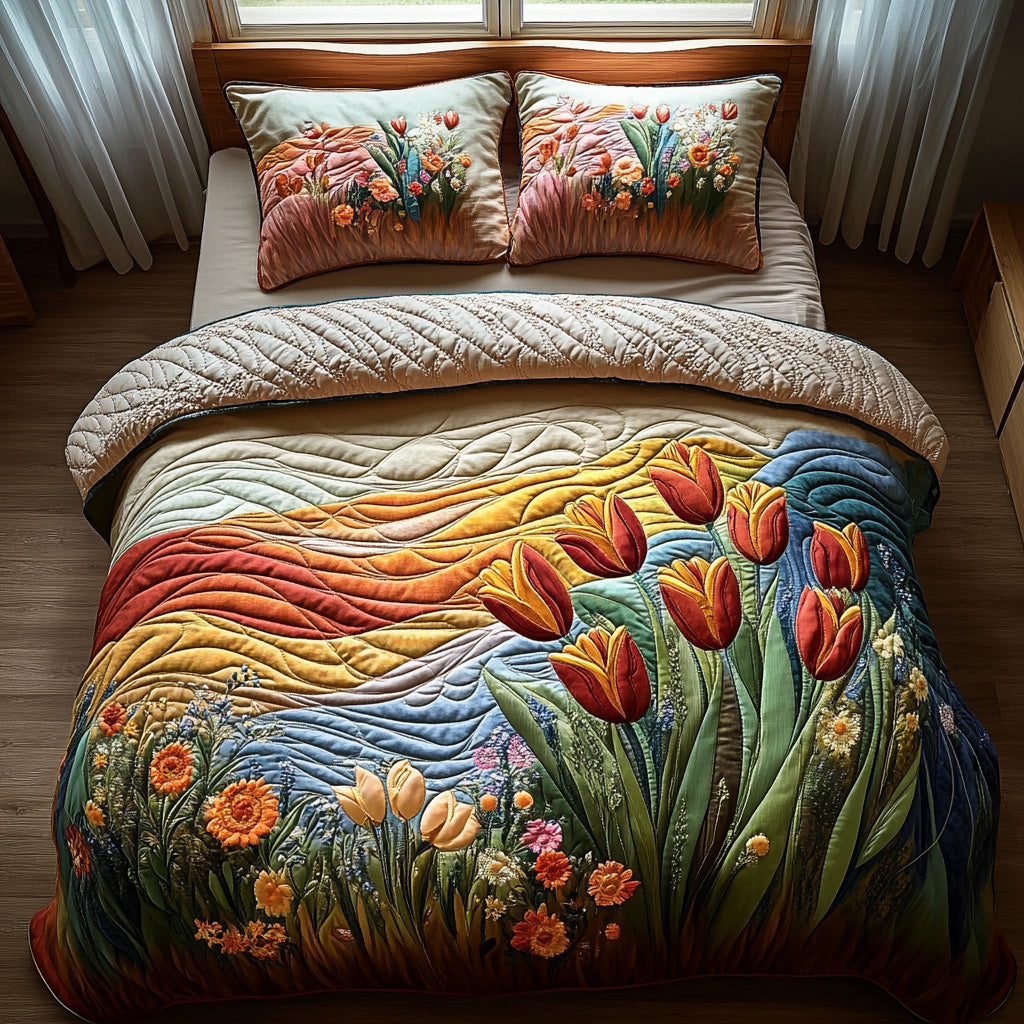 Whispering Petals Quilted Bedding Set Bed Decor Gift Ideas For Tulip Lovers