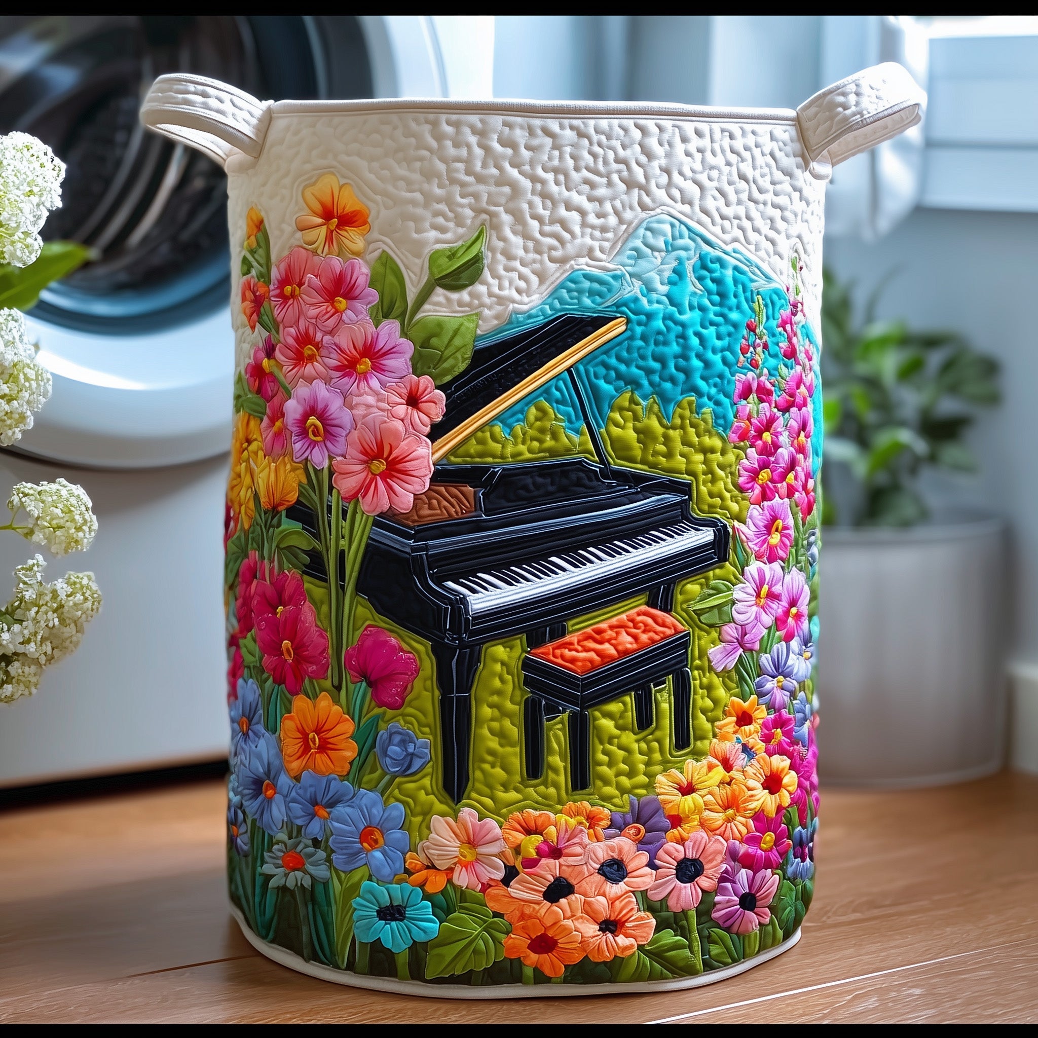 Whispering Piano Bloom Quilted Laundry Basket Halloween Merch Gift