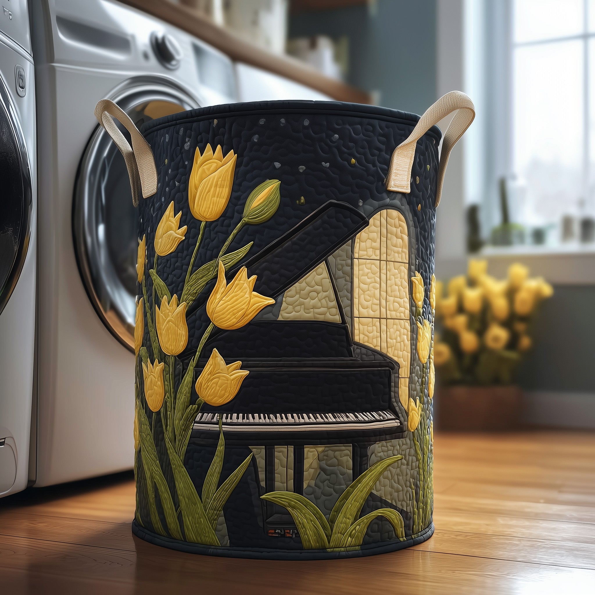 Whispering Piano Bloom Quilted Laundry Basket Merch For Friends