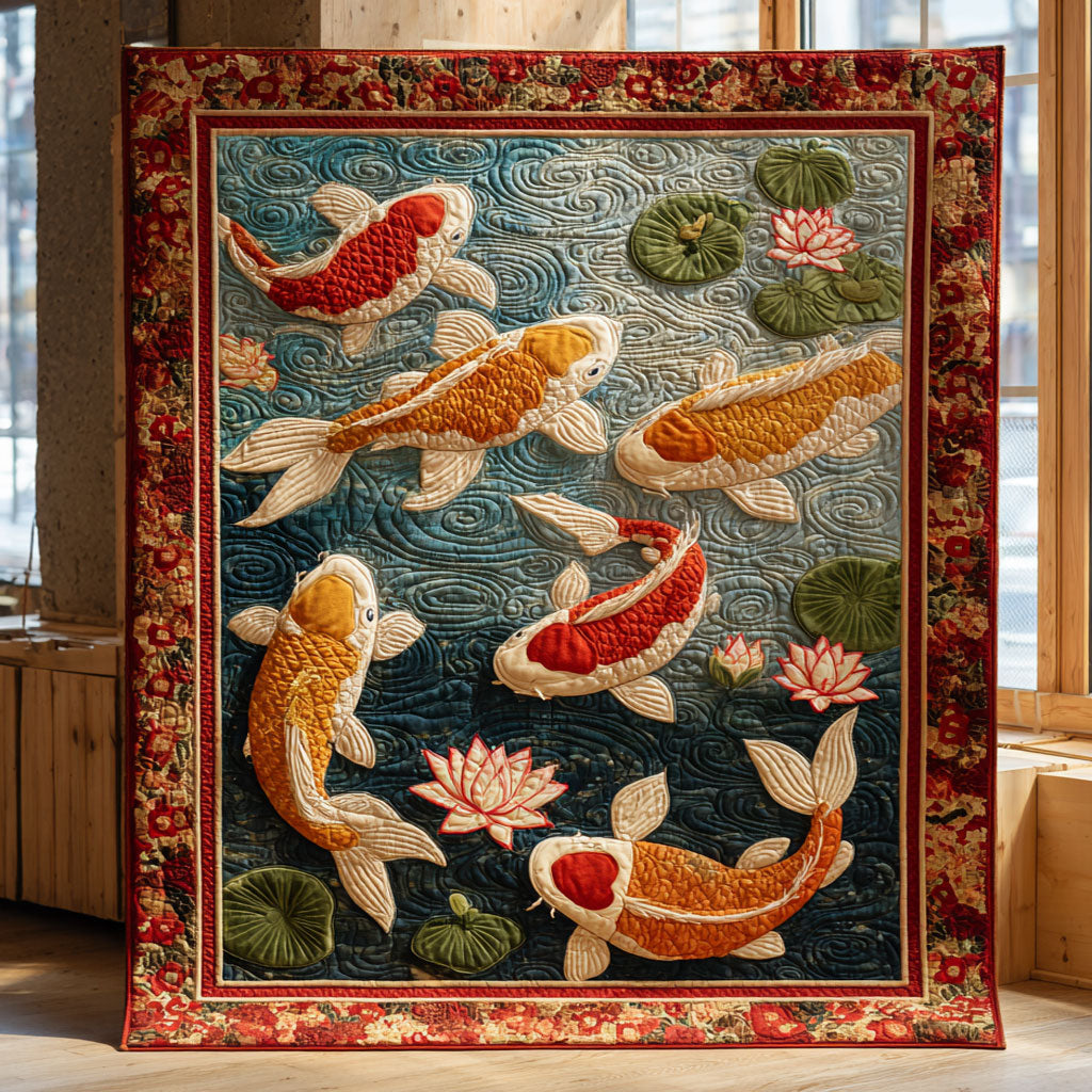Whispering Pond Quilt Blanket Queen Size Blanket Gift For Koi Fish Lovers