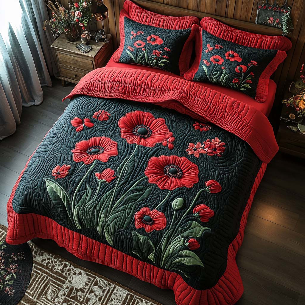 Whispering Poppies Quilted Bedding Set Holiday Duvet Sets Family Christmas Presents