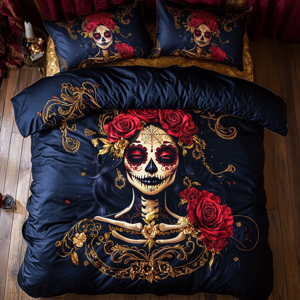 Whispering Rose Skull Woman Quilt Bedding Set Full Size Comforter Gothic Gift for Women