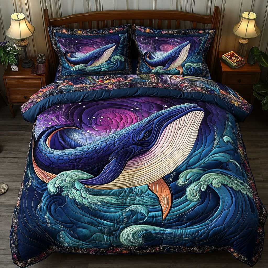 Whispering Tide Quilted Bedding Set Cozy Bedroom Decor Cute Whale Themed Gifts