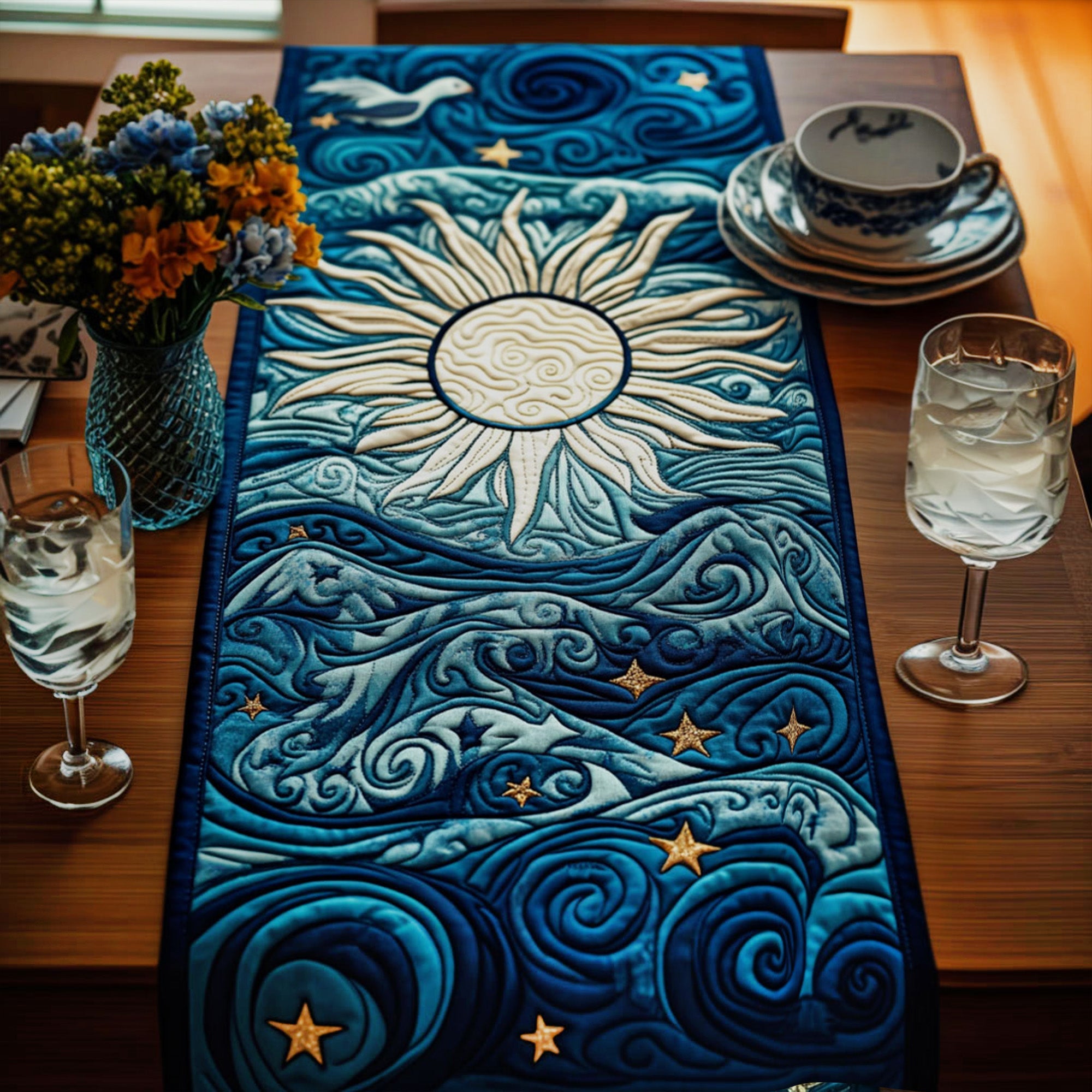 Whispering Waters Quilted Table Runner Kitchen Table Decor Ideas Sea Ocean Themed Gifts
