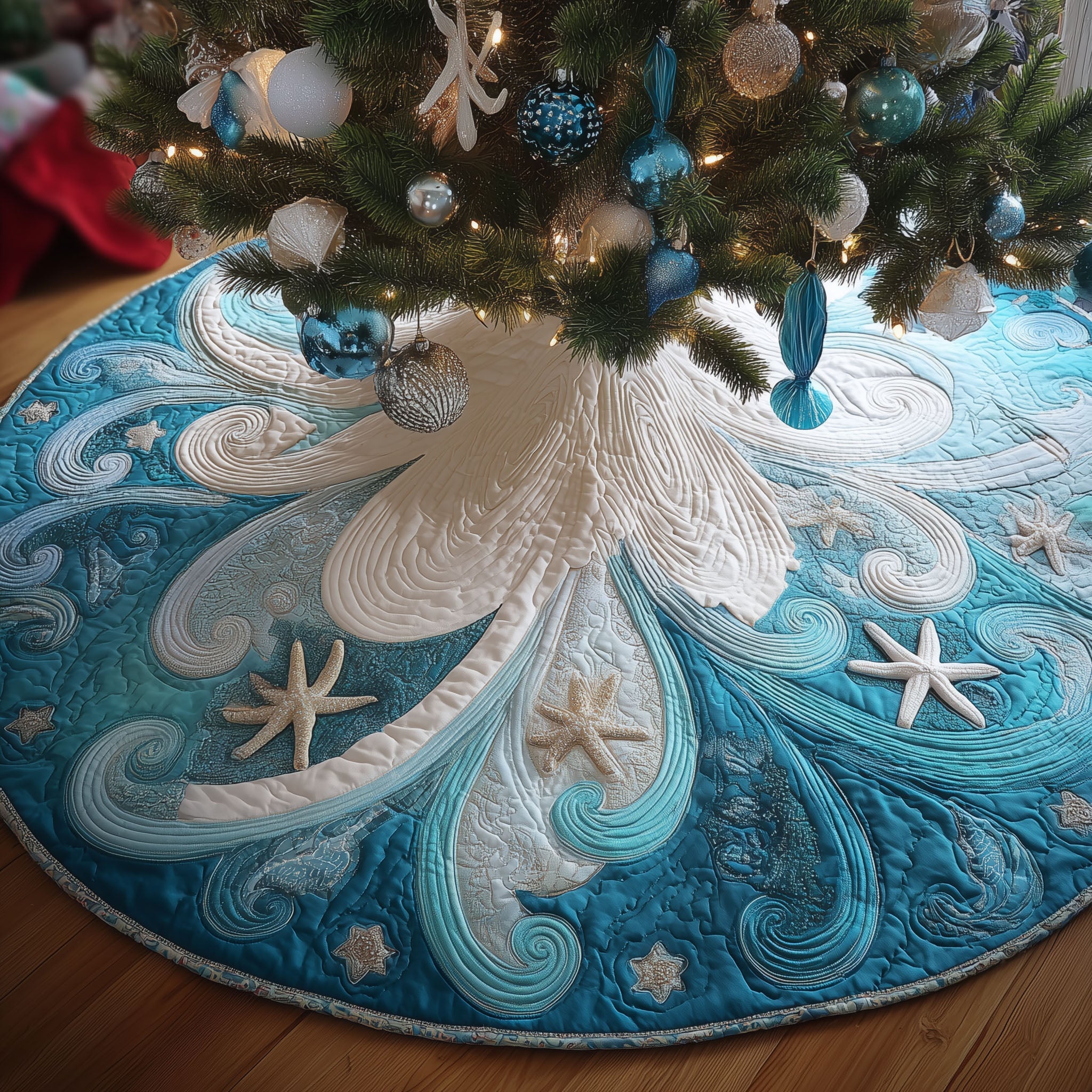 Whispering Waves Christmas Quilted Tree Skirt Holiday Decor Indoor Family Christmas Presents