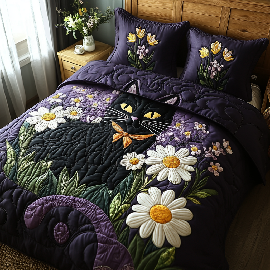 Whispering Whisker Quilted Bedding Set Holiday Duvet Cover Set Cat Themed Christmas Presents