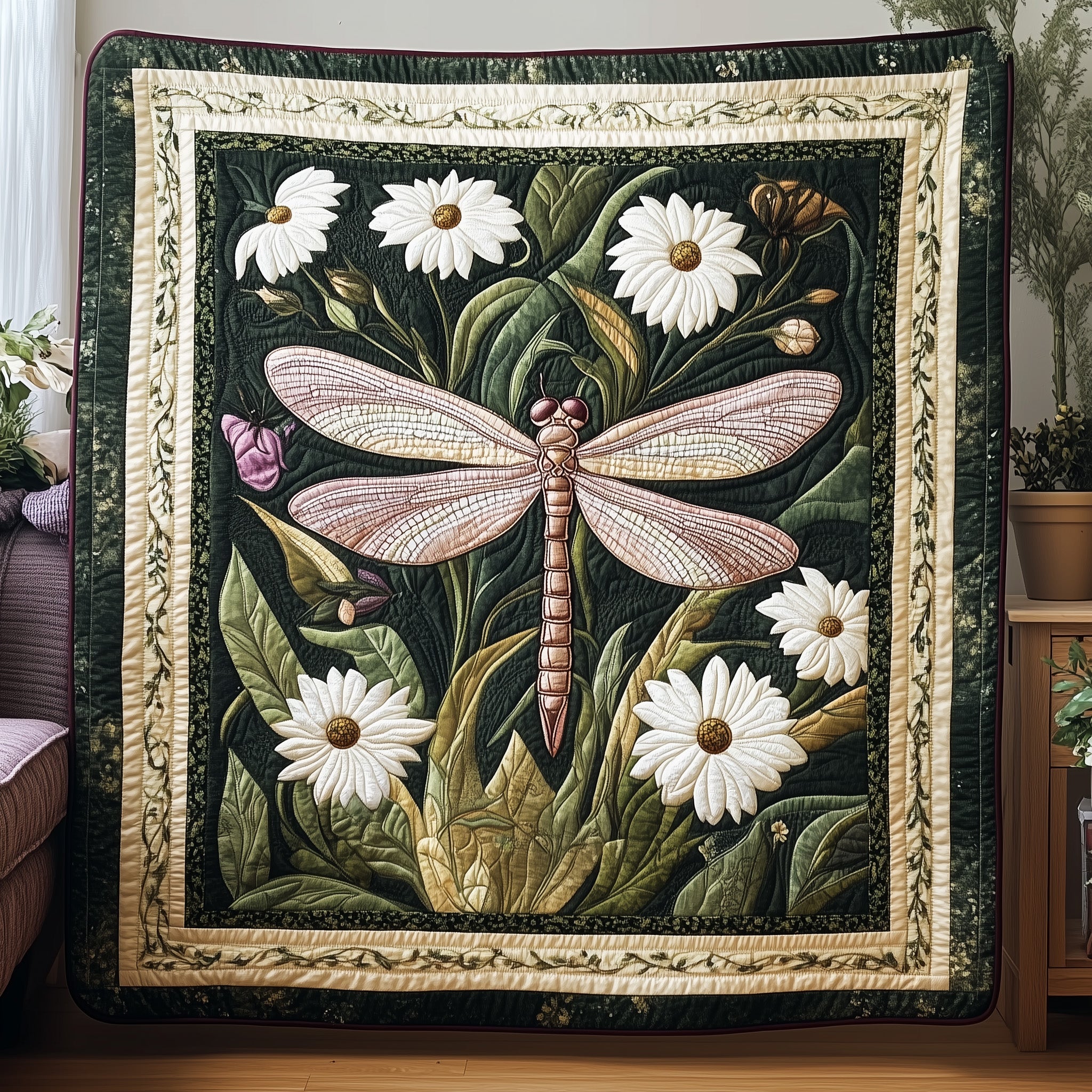 Whispers in the Green Quilted Blanket Merchandise Throw BlanketBest Dragonfly Gifts For Mom