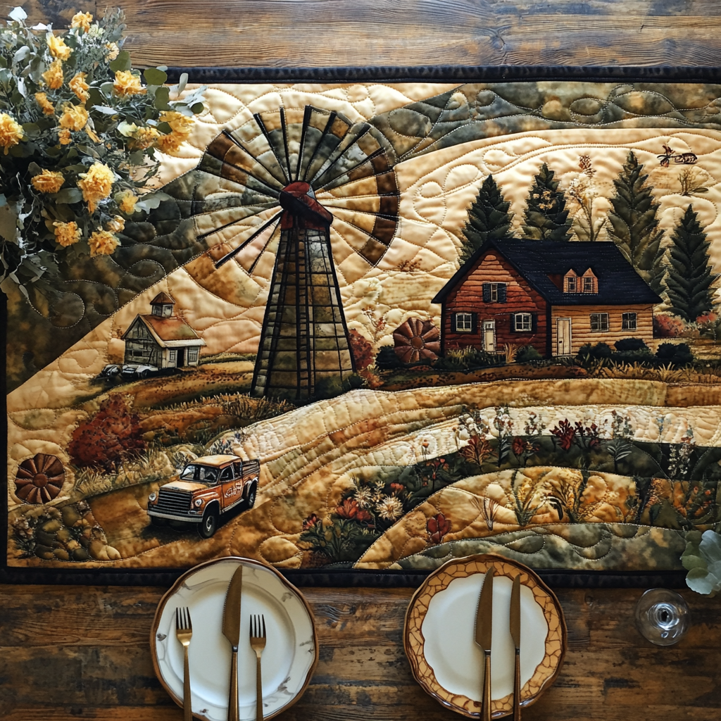 Whispers of the Windmill Quilted Table Runner Dining Room Table Decor Gift Ideas For Nature Lovers