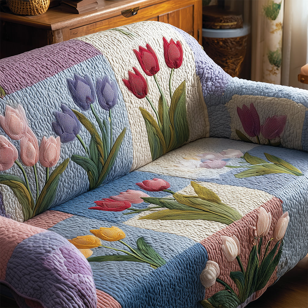 Whispers of Tulip Quilted Sofa Cover Holiday Living Room Decor Best Friend Gift Ideas