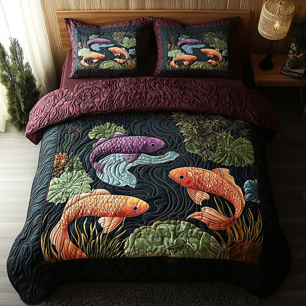 Whispers of Water Quilted Bedding Set Cute Bedroom Decor Koi Fish Merchandise Gifts