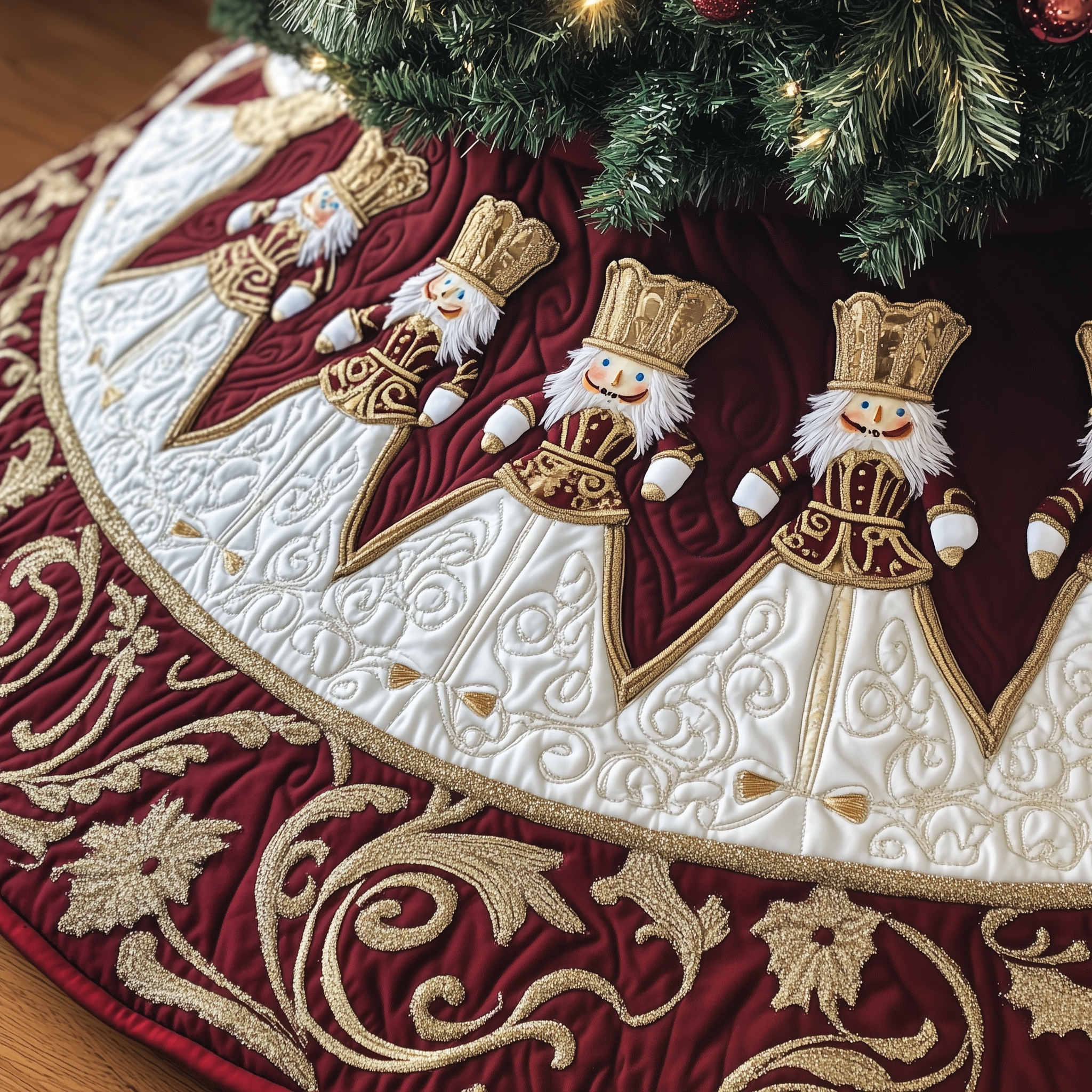 White and Gold Nutcracker Target Tree Skirt Quilted Handmade Holiday Gift for Elegant Classic Decor