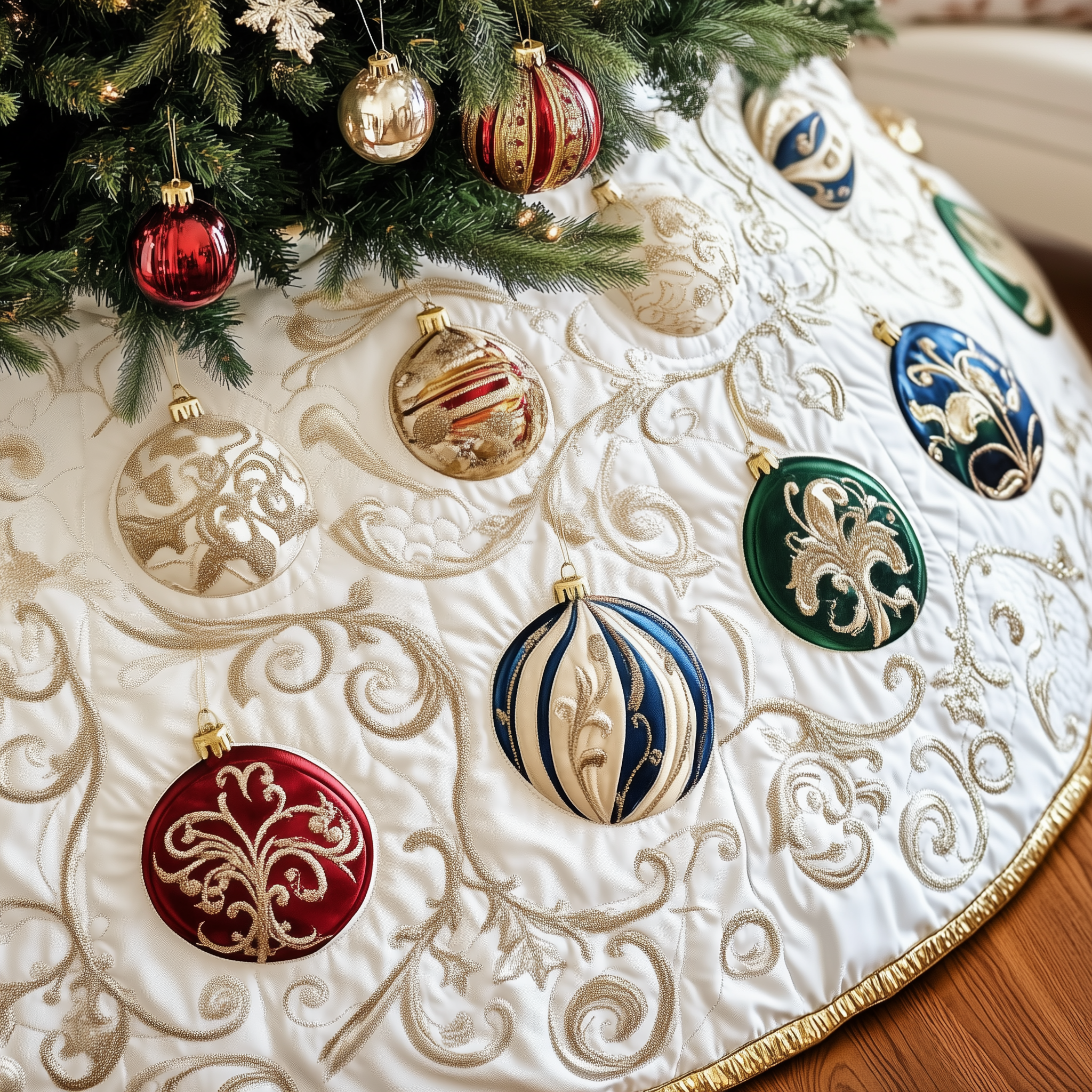 White and Gold Ornament Target Tree Skirt Quilted Handmade Holiday Gift for Classic Festive Decor