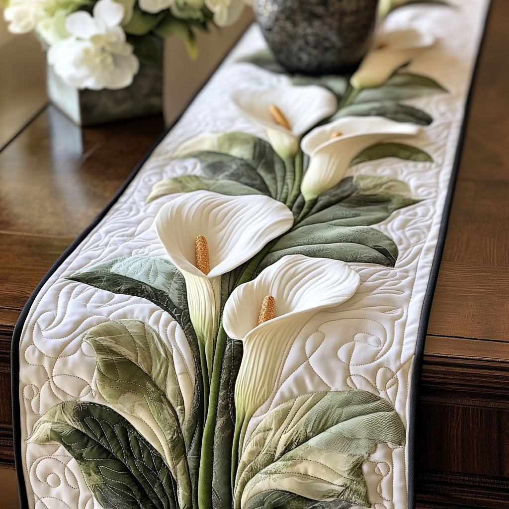 White Calla Grace Quilted Table Runner Dining Room Decor Ideas Flower Lily Gift Items