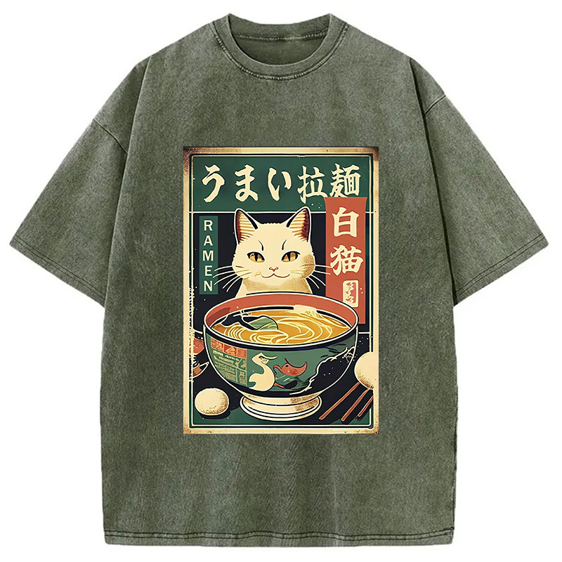 White Cat Eating Ramen Washed T-Shirt Retro Humor Graphic Top Gifts For Besties
