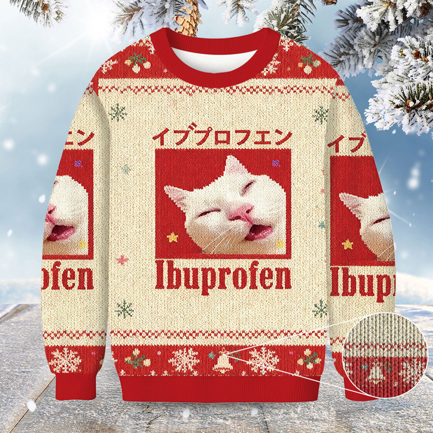 White Cat Red Ibuprofen Christmas Ugly Sweater Winter Clothing Funny Cat Christmas Sweater