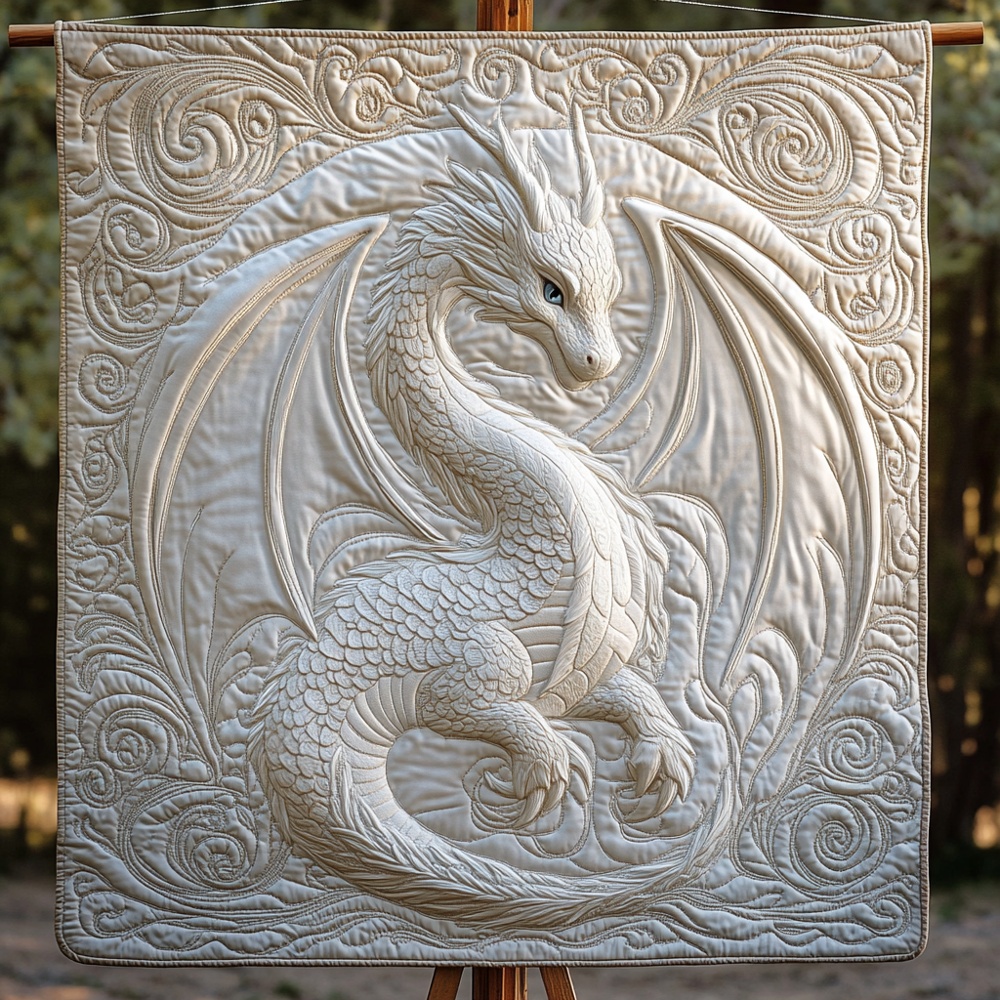 White Celestial Dragon Quilted Blanket Fantasy Mystic Art Throw Best Gift For Dragon Lover Home Decor