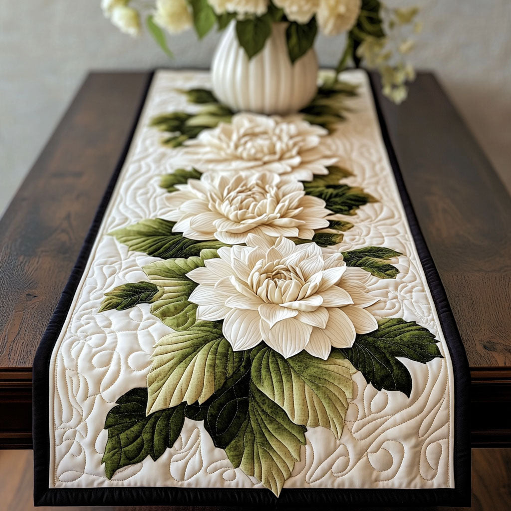 White Dahlia Elegance Quilted Table Runner Floral Table Runner Gifts For Family