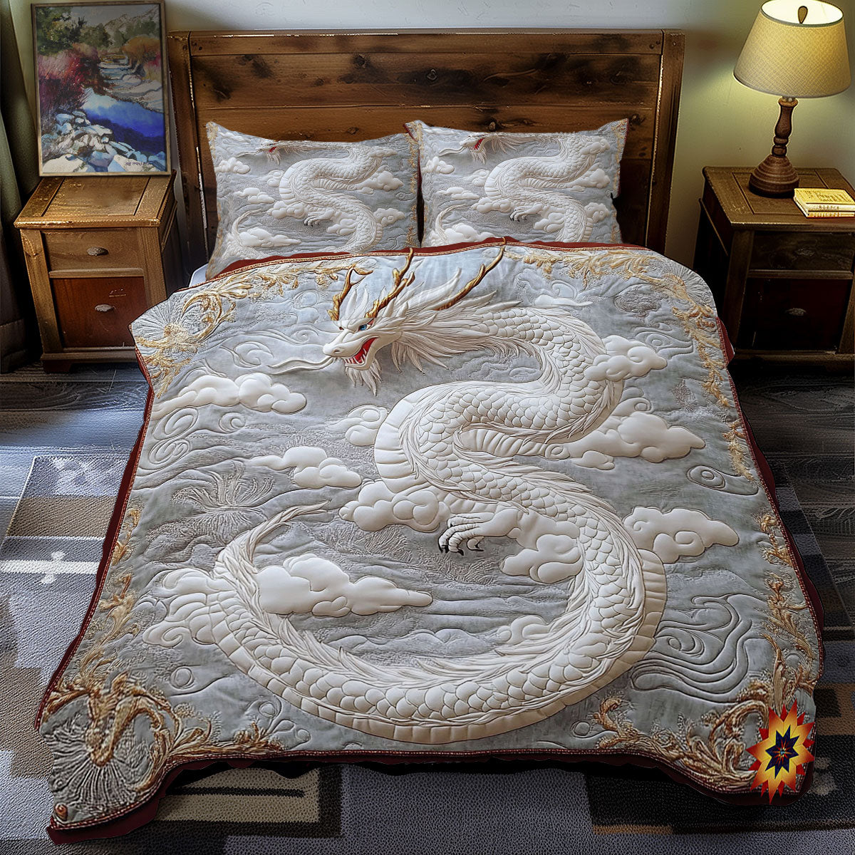 White Dragon Quilted Bedding Set Duvet Cover Bedspread Bedroom Decor Gifts For Boyfriend