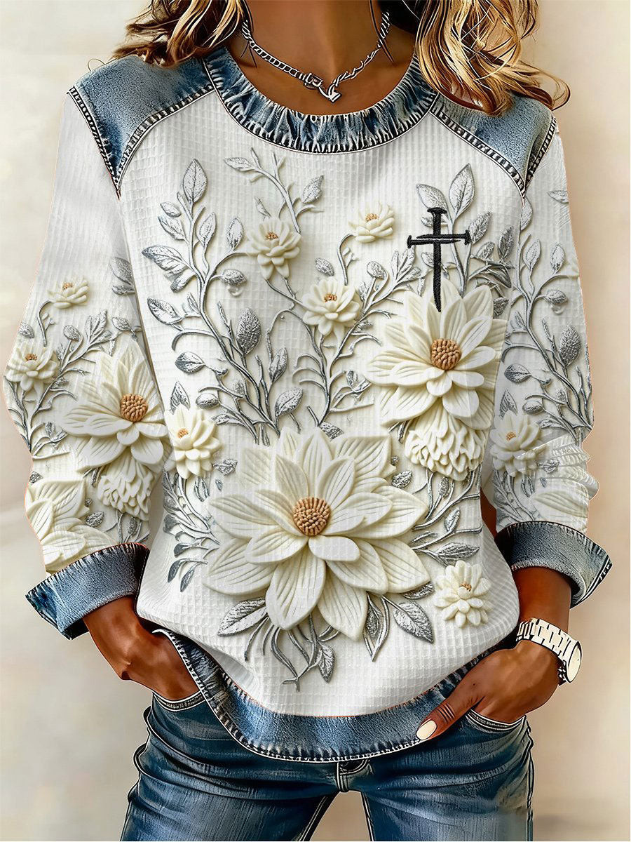 White Floral Cross Waffle Sweatshirt Christian Faith Clothing Gift For Her