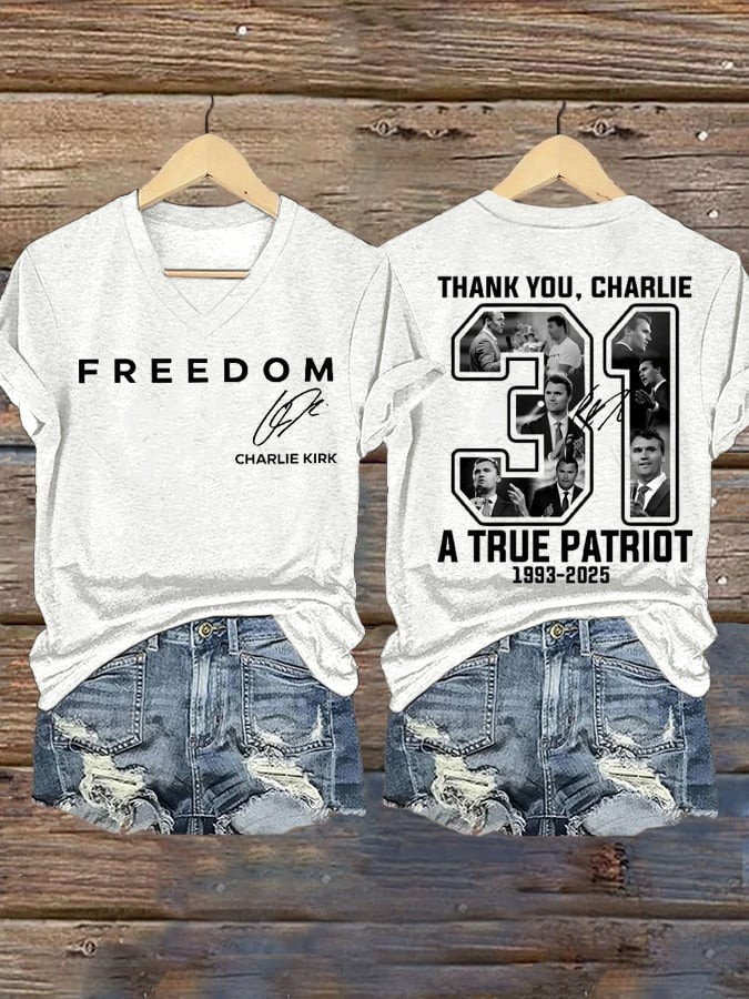 White Freedom V-neck T-Shirt Charlie Kirk Shirt TPUSA Merch Thank You Charlie 31 Clothing