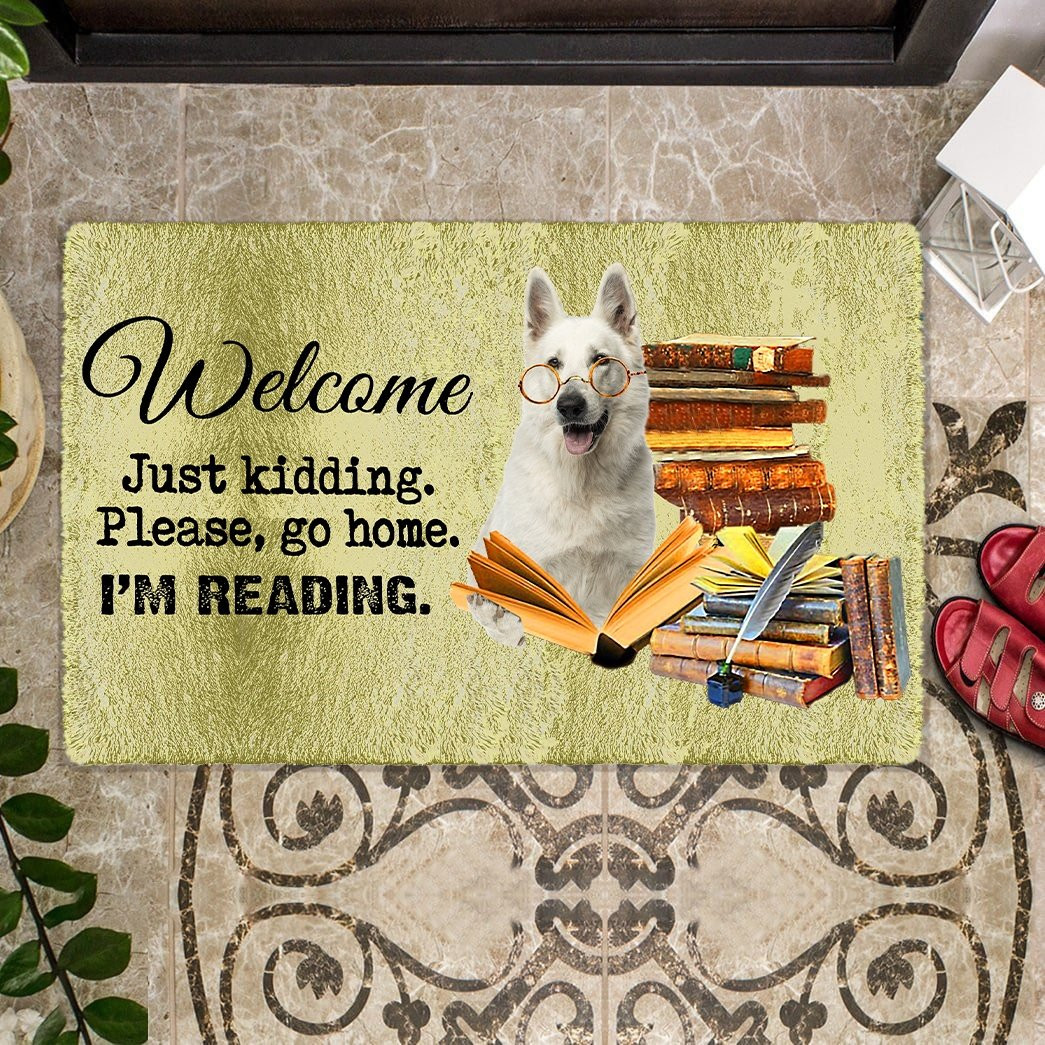 White German Shepherd Doormat Welcome Just Kidding Please Go Home I'm Reading Gift For Dog Lover