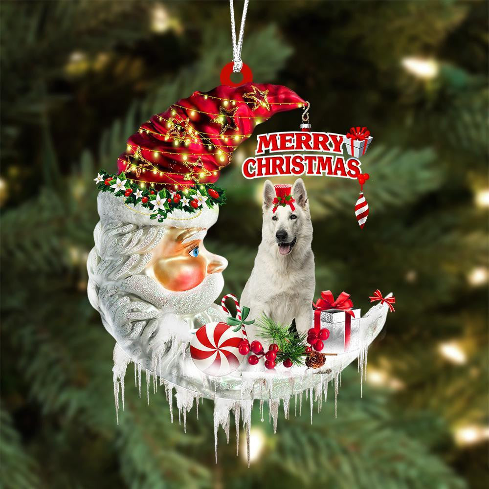 White German Shepherd On The Moon Merry Christmas Hanging Ornament Flat Acrylic Dog Ornament