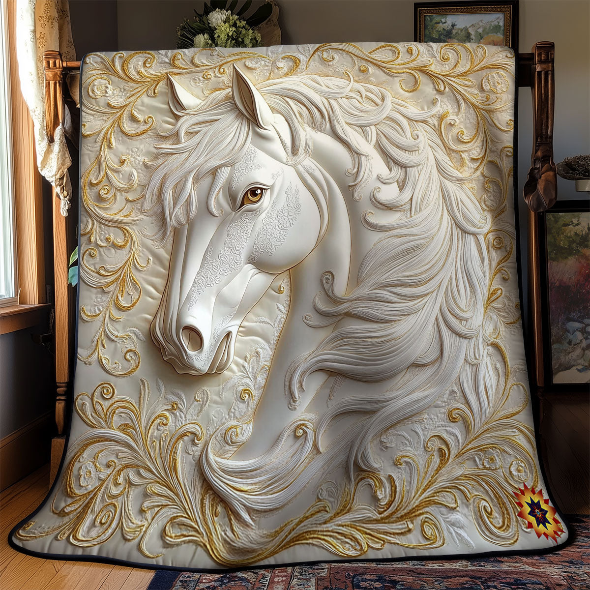 White Gold Royal Horse Quilt Blanket Large Sofa Throws Birthday Presents For Mum