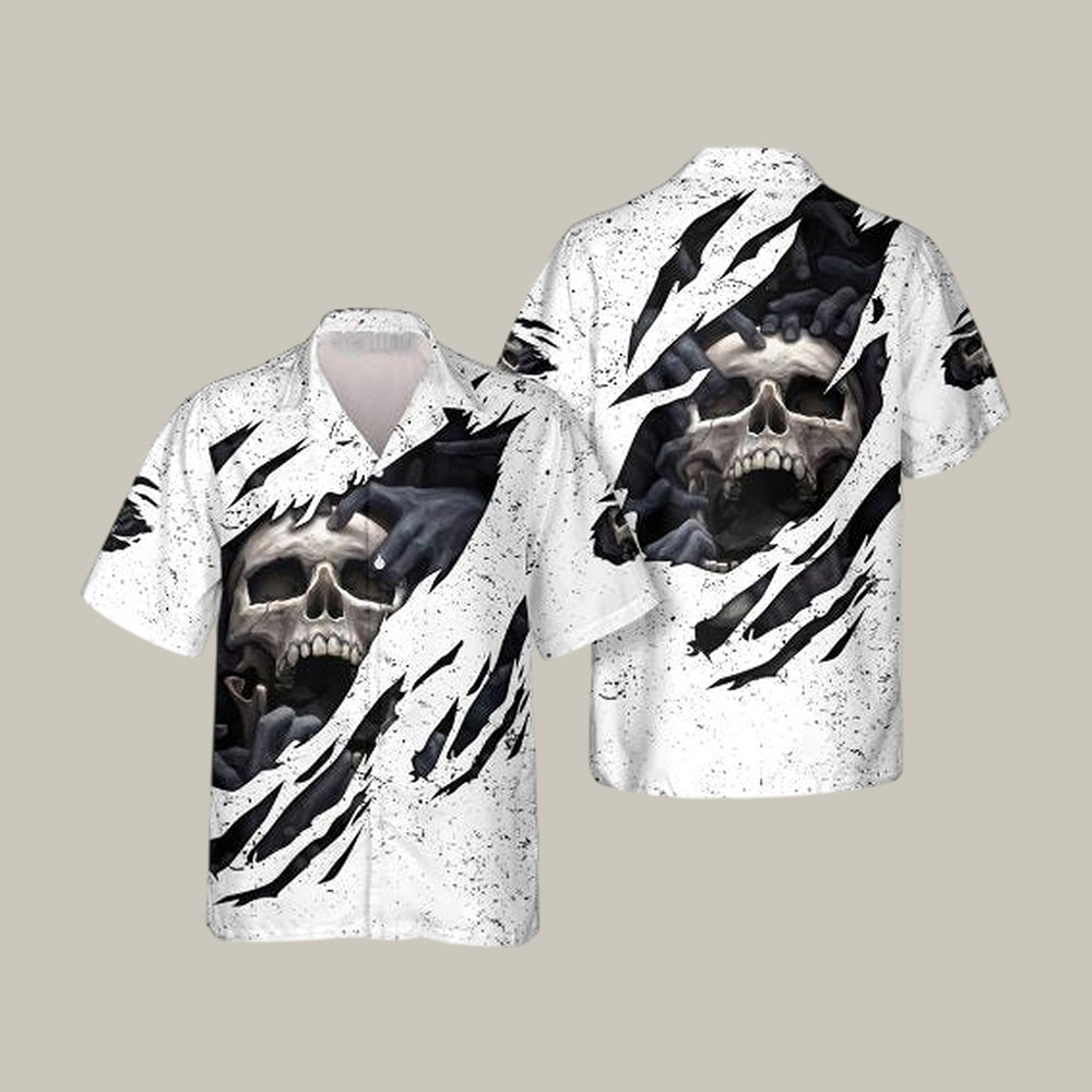 White Grunge Skull Hawaiian Shirt Gothic Skull Aloha Shirt Great Gift For Husband Birthday
