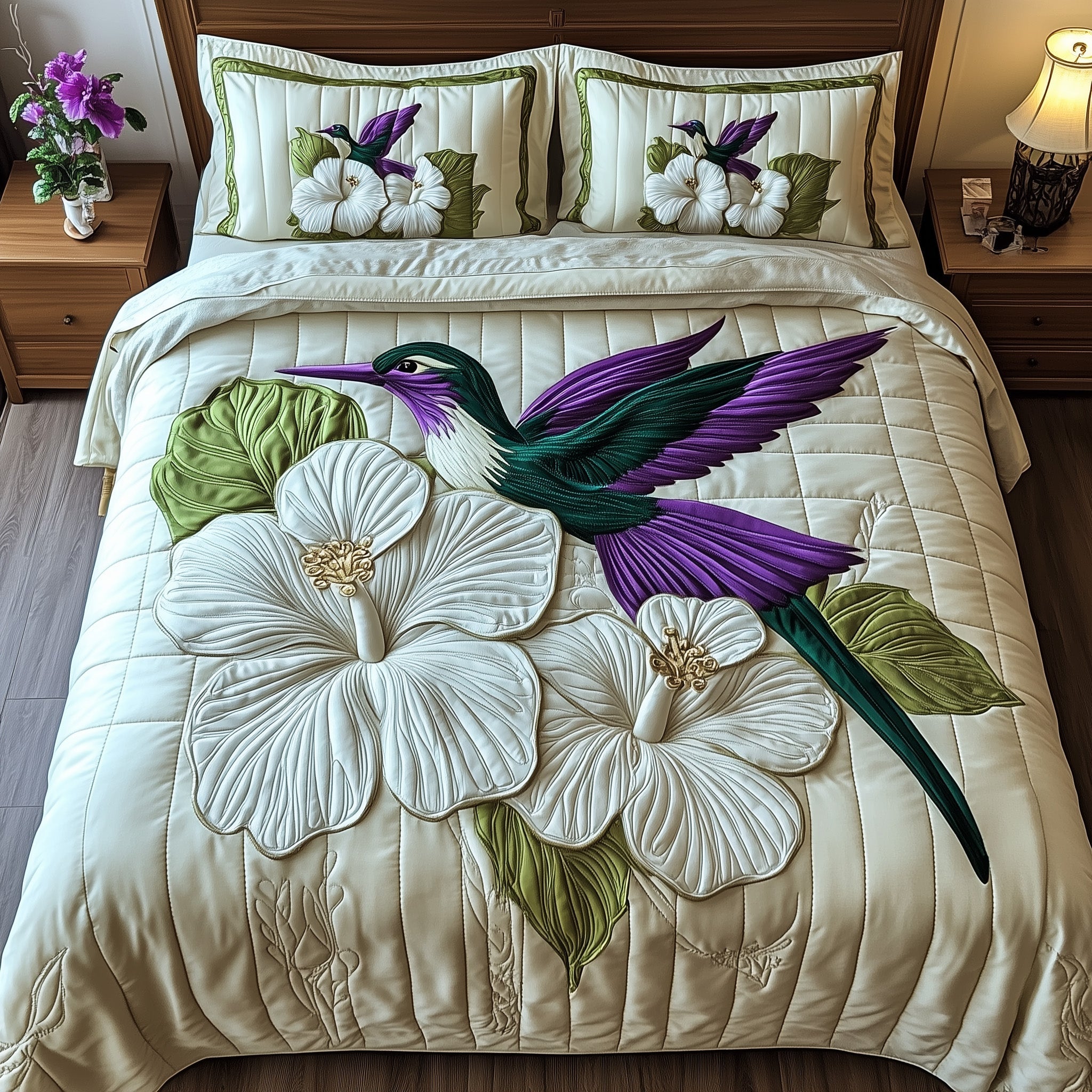 White Hibicus Dance Quilted Bedding Set Farmhouse Style