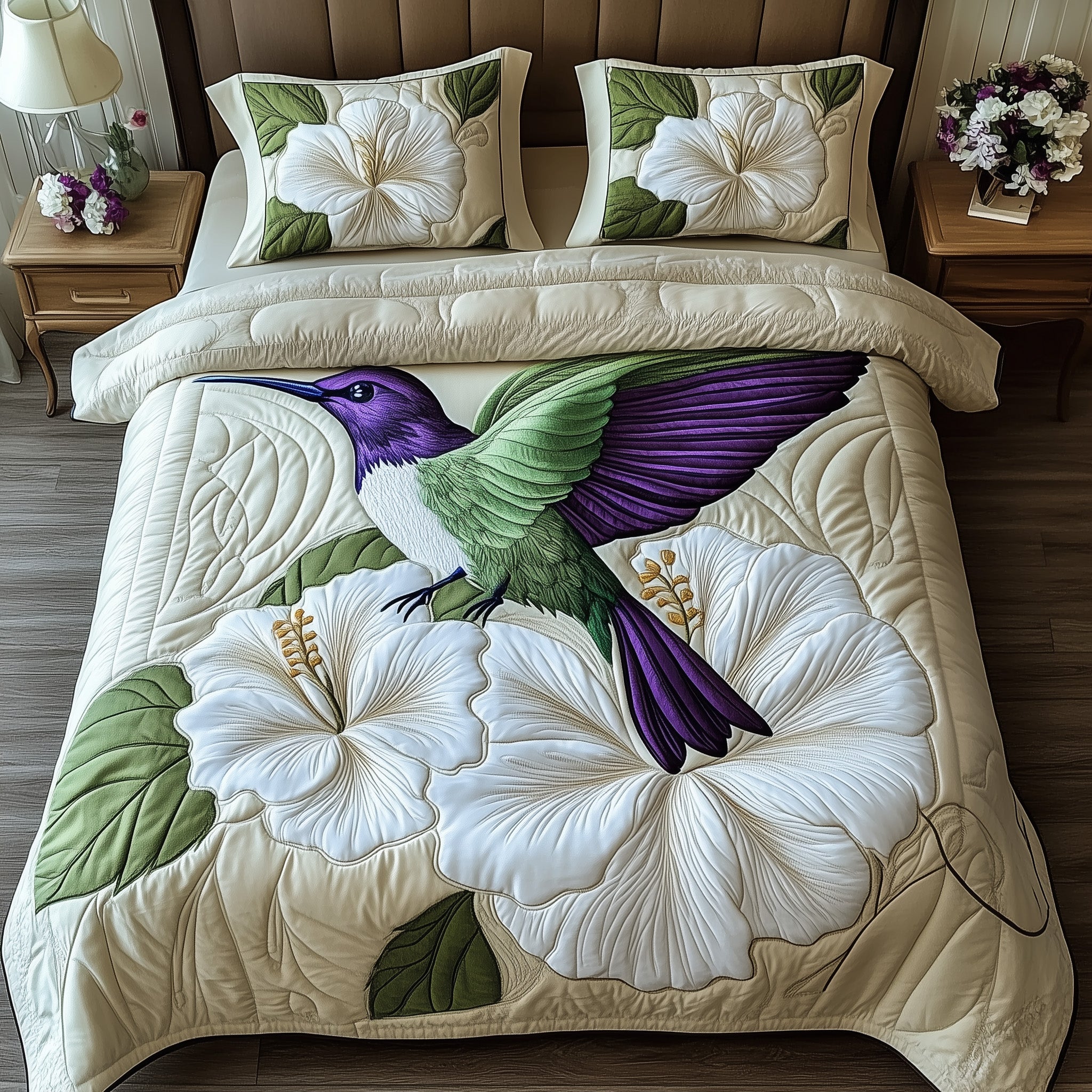 White Hibicus Dance Quilted Bedding Set Unique Pattern