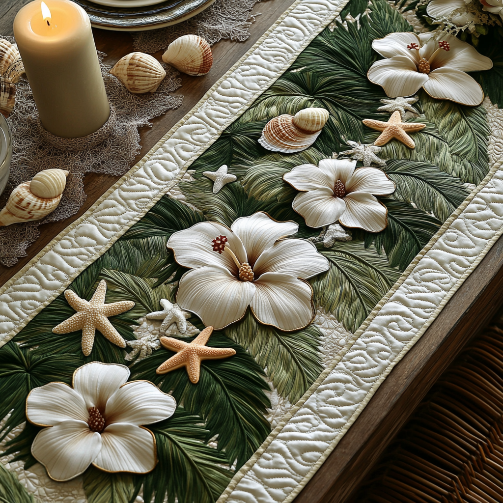 White Hibiscus Quilted Table Runner Flower Table Cover Gifts For Family