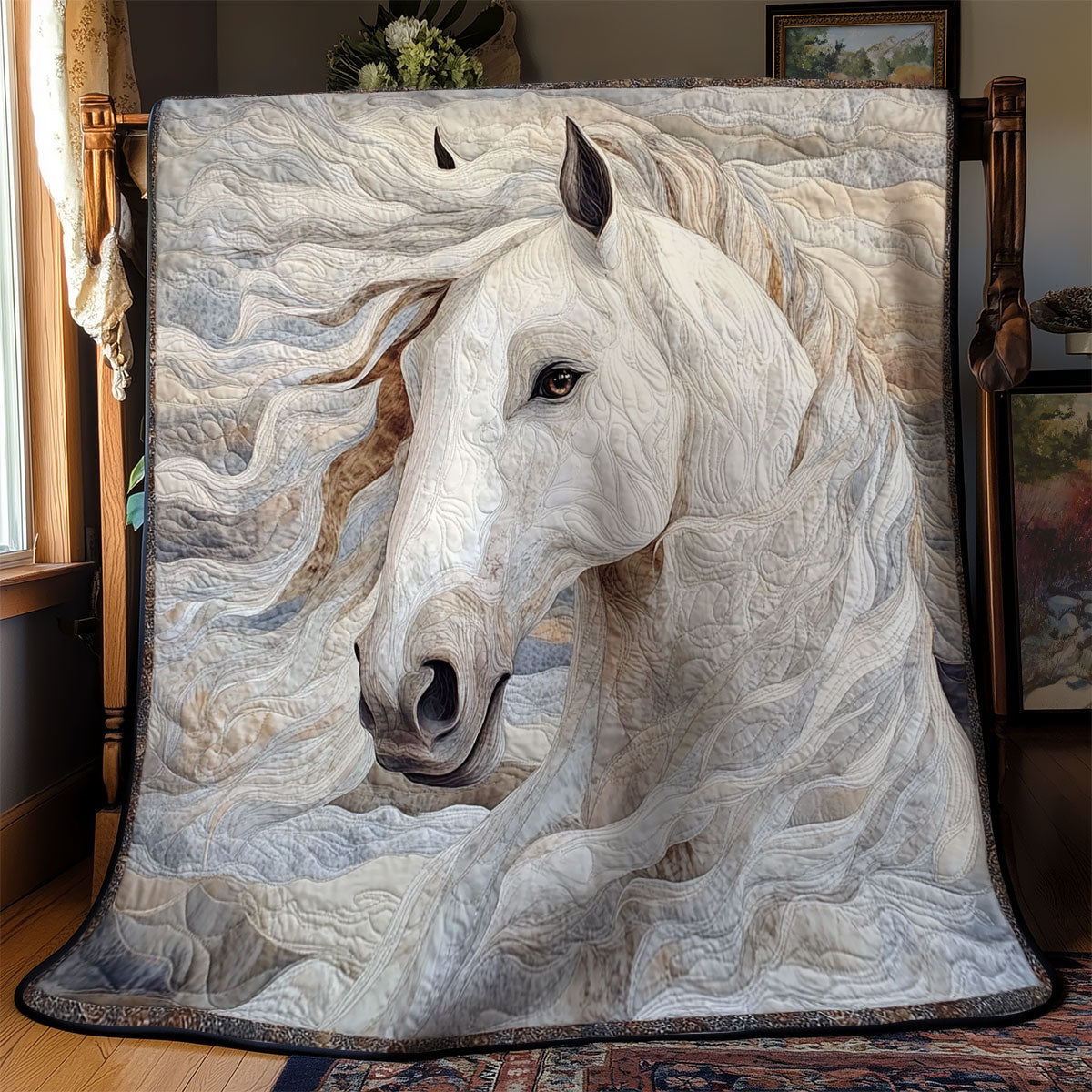White Horse Cloudy Quilt Blanket Winter Throw Blanket Presents For Horse Lovers