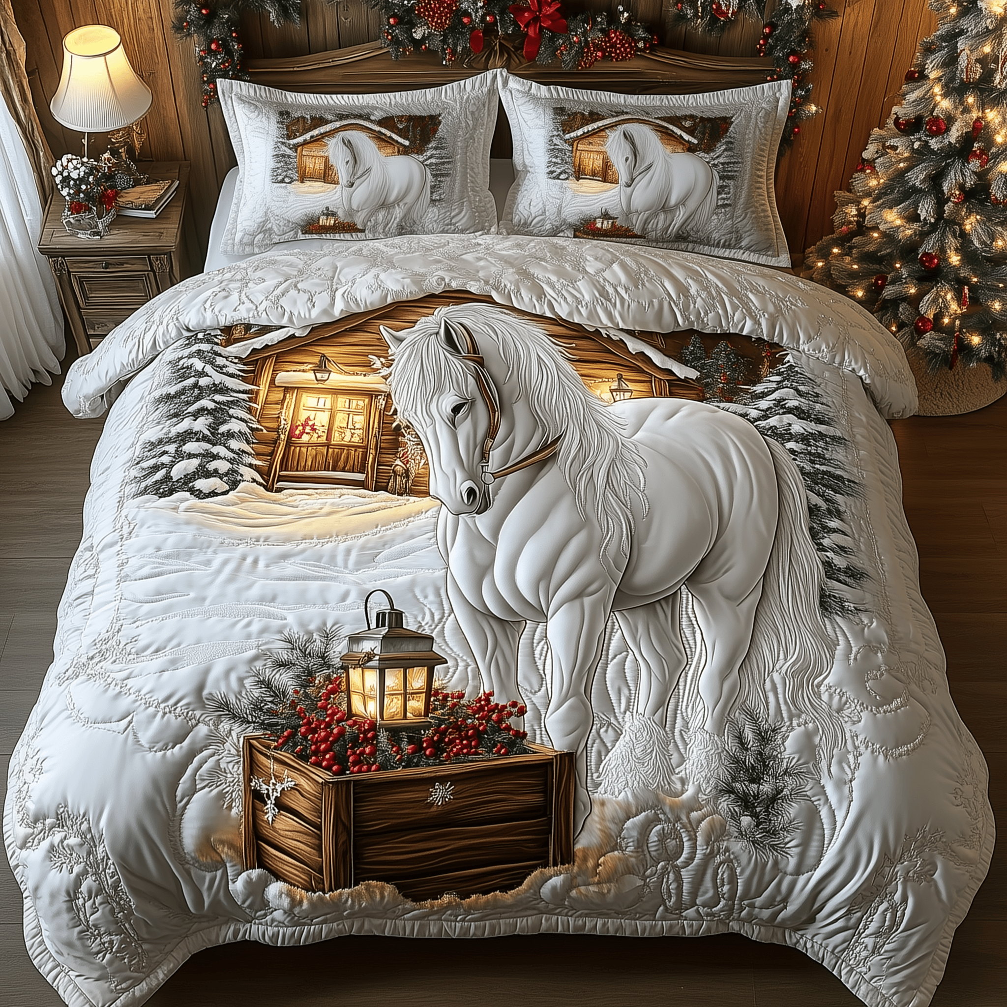 White Horse in Snowland Quilted Bedding Set Gift Ideas For Horse Lovers