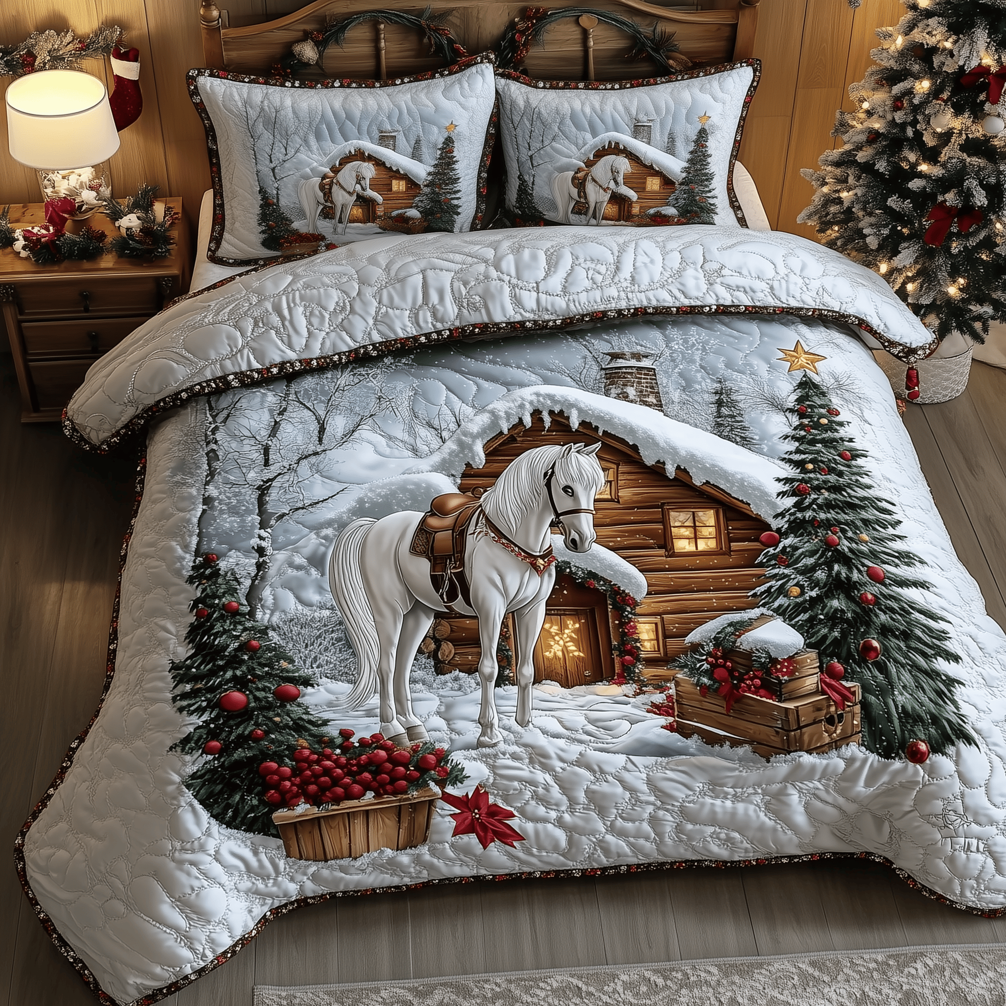 White Horse in Snowland Quilted Bedding Set Gifts For Horse Racing Fans