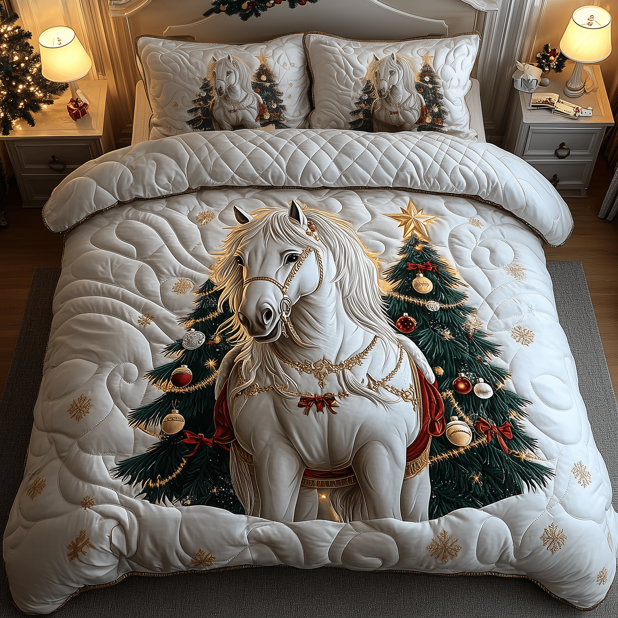 White Horse in Snowland Quilted Bedding Set Gifts For People Who Like Horses