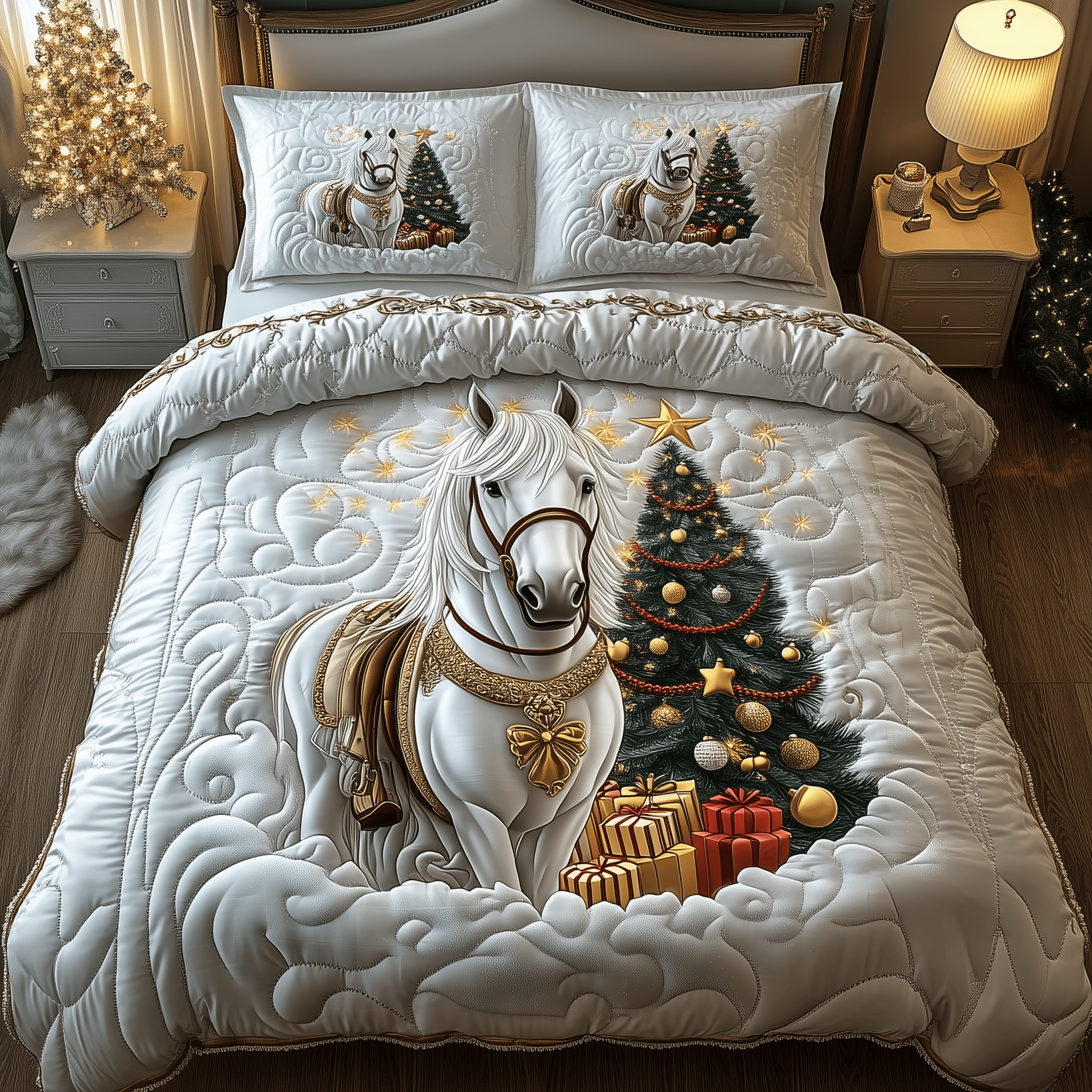 White Horse in Snowland Quilted Bedding Set Great Gifts For Horse Lovers