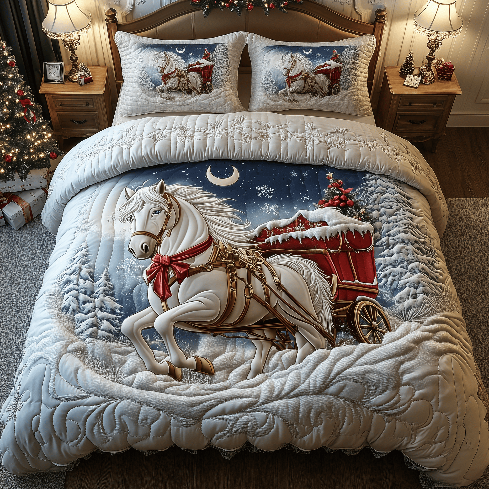 White Horse in Snowland Quilted Bedding Set Horse Gifts For Adults
