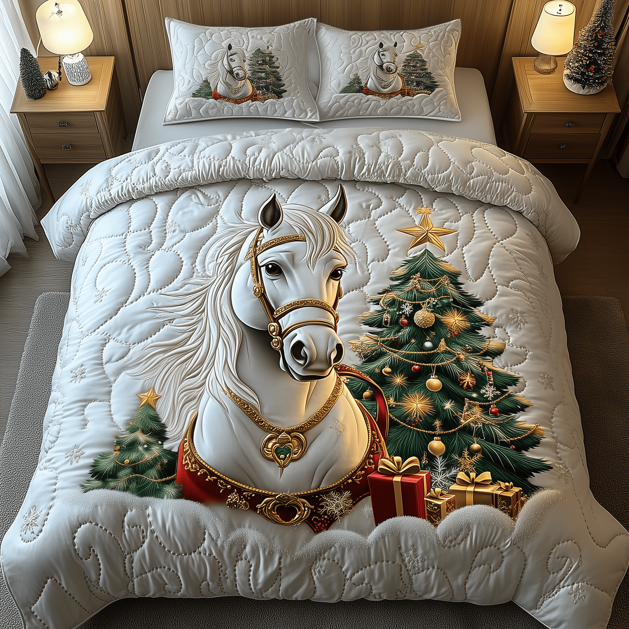 White Horse in Snowland Quilted Bedding Set Horse Themed Gifts For Adults