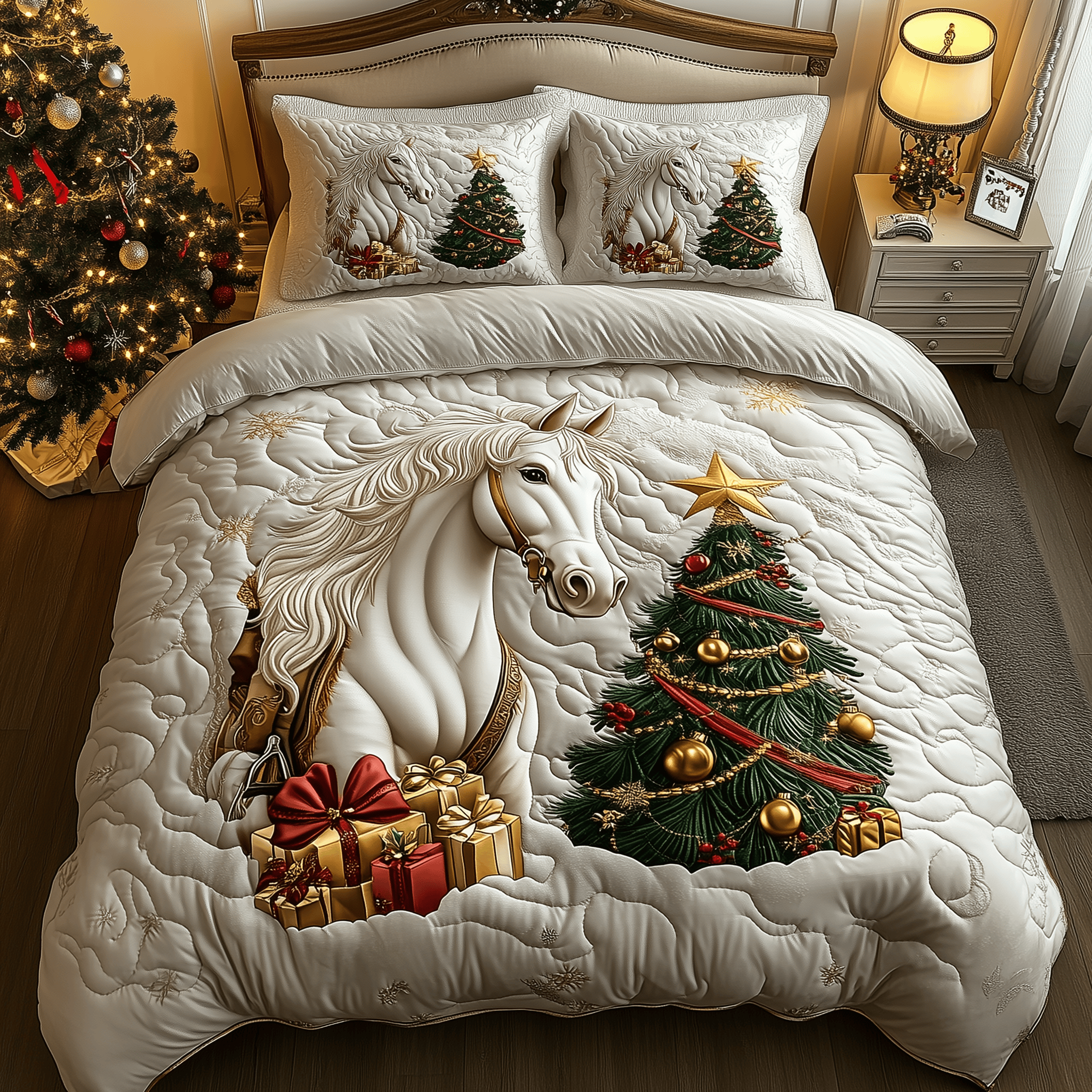 White Horse in Snowland Quilted Bedding Set Inexpensive Gifts For Horse Lovers